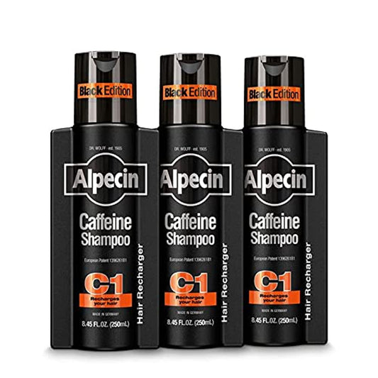Alpecin Caffeine Shampoo C1 Black Edition, Men's Natural Hair Growth Shampoo for Thinning Hair with Niacin, Menthol, and Castor Oil, 8.45 fl. oz., Pack of 3