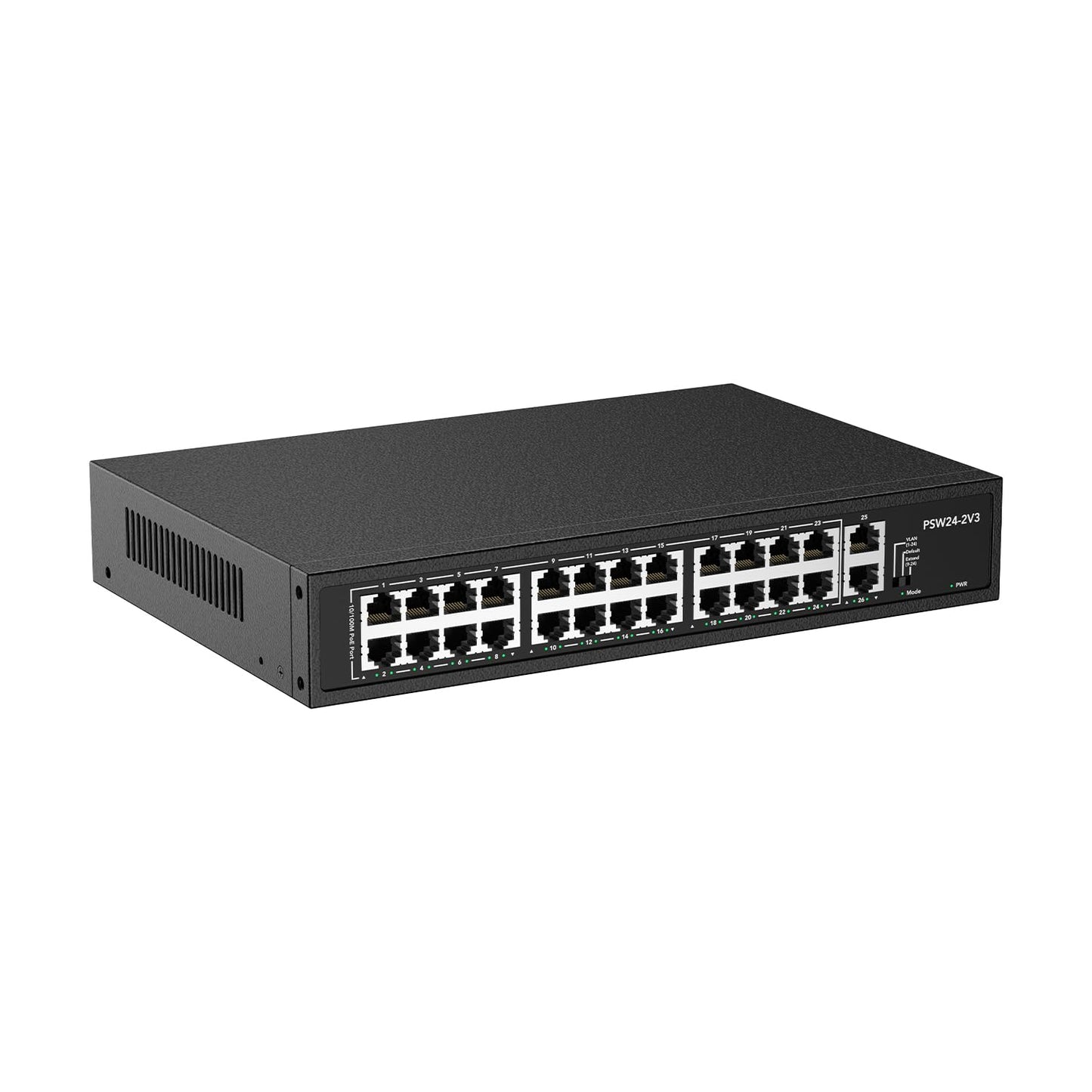 24 Port PoE Switch,10/100Mbps PoE+ Ethernet Switch Unmanaged with 2 Gigabit Uplink Ports, Up to 30W Per Port, Total Budget 280W, 802.3af/at Compliant, Fanless Silent, Rack Mount