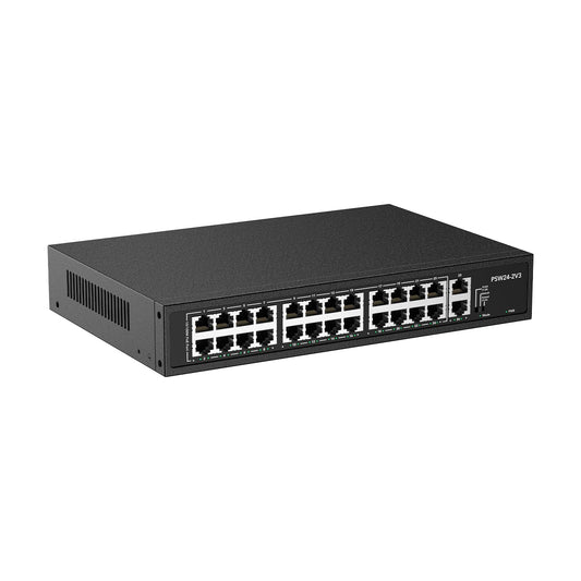 24 Port PoE Switch,10/100Mbps PoE+ Ethernet Switch Unmanaged with 2 Gigabit Uplink Ports, Up to 30W Per Port, Total Budget 280W, 802.3af/at Compliant, Fanless Silent, Rack Mount