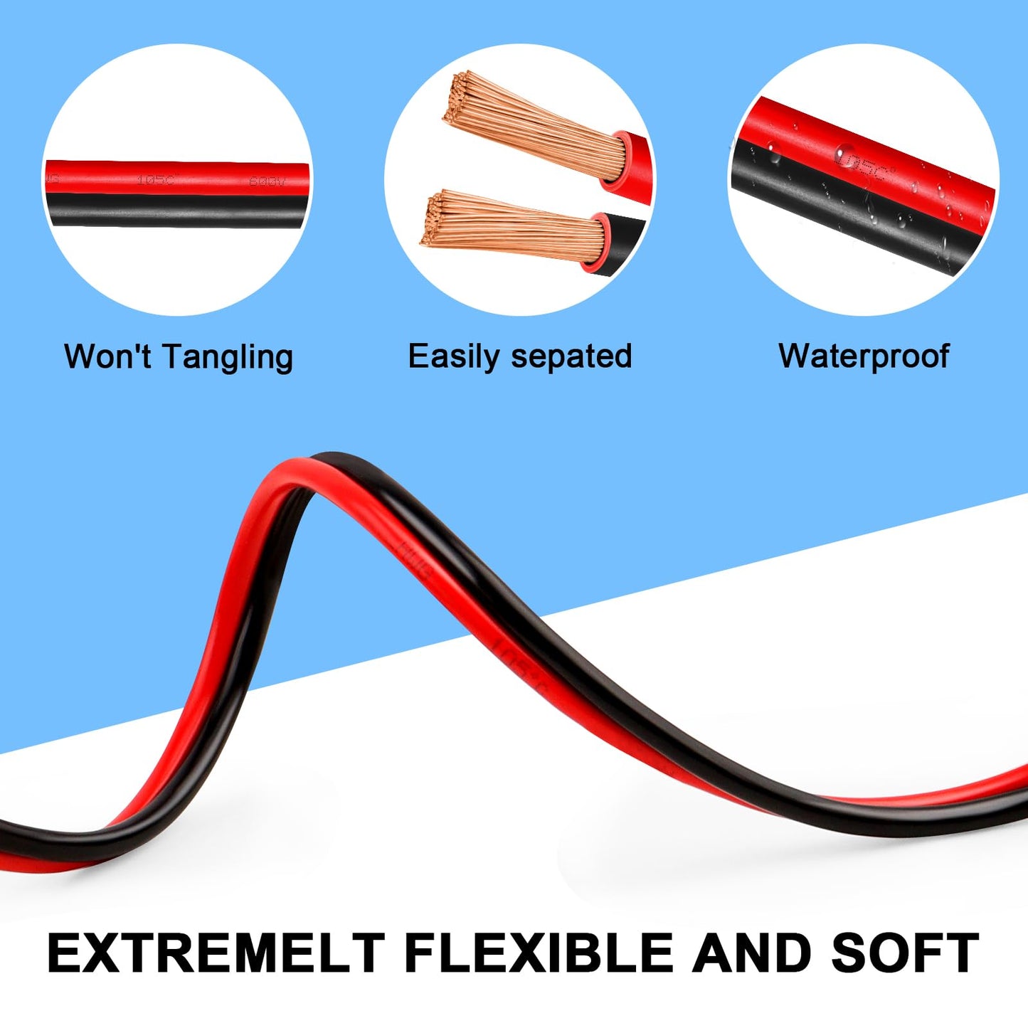 6 Gauge Wire 20 Feet, 6/2 AWG Pure Copper Wire, 6AWG 2 Conductors Red Black Oxygen Free Stranded Low Voltage Wire for Solar Panel, Automotive, Audio Auto, LED Lighting(6 AWG 20FT)