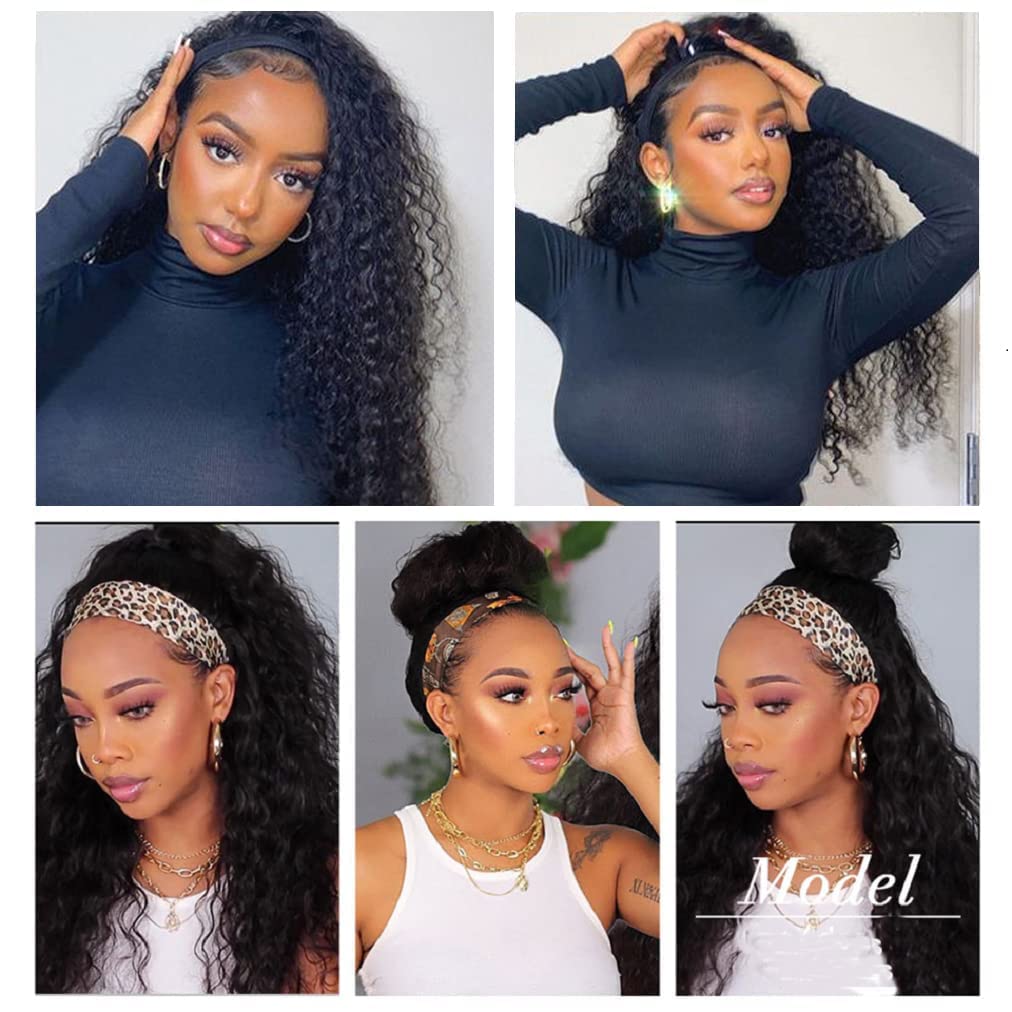 NICMISS Deep Wave Headband Wig Human Hair Curly Headband Wigs for Black Women Human Hair 20 Inch Glueless None Lace Front Wig Brazilian Virgin Hair Wear and Go Wigs 150% Density Natural Black Color