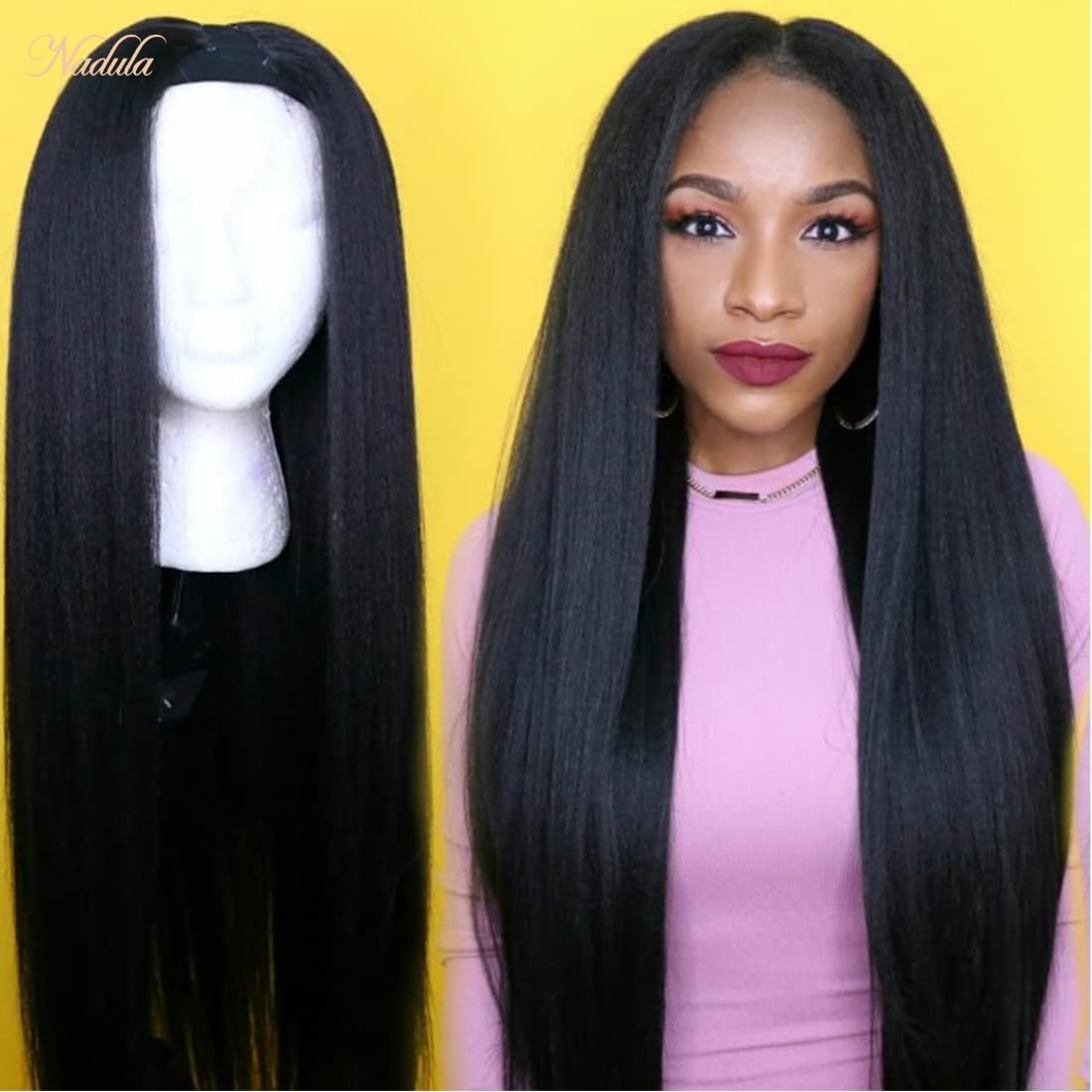 Nadula V Part Wig Yaki Straight Human Hair No Leave Out Glueless Upgraded U Part Wigs for Women,10A Yaki Straight V-part Wigs V Shape Clip in Half Wig Ready to Go 150% Density 16inch