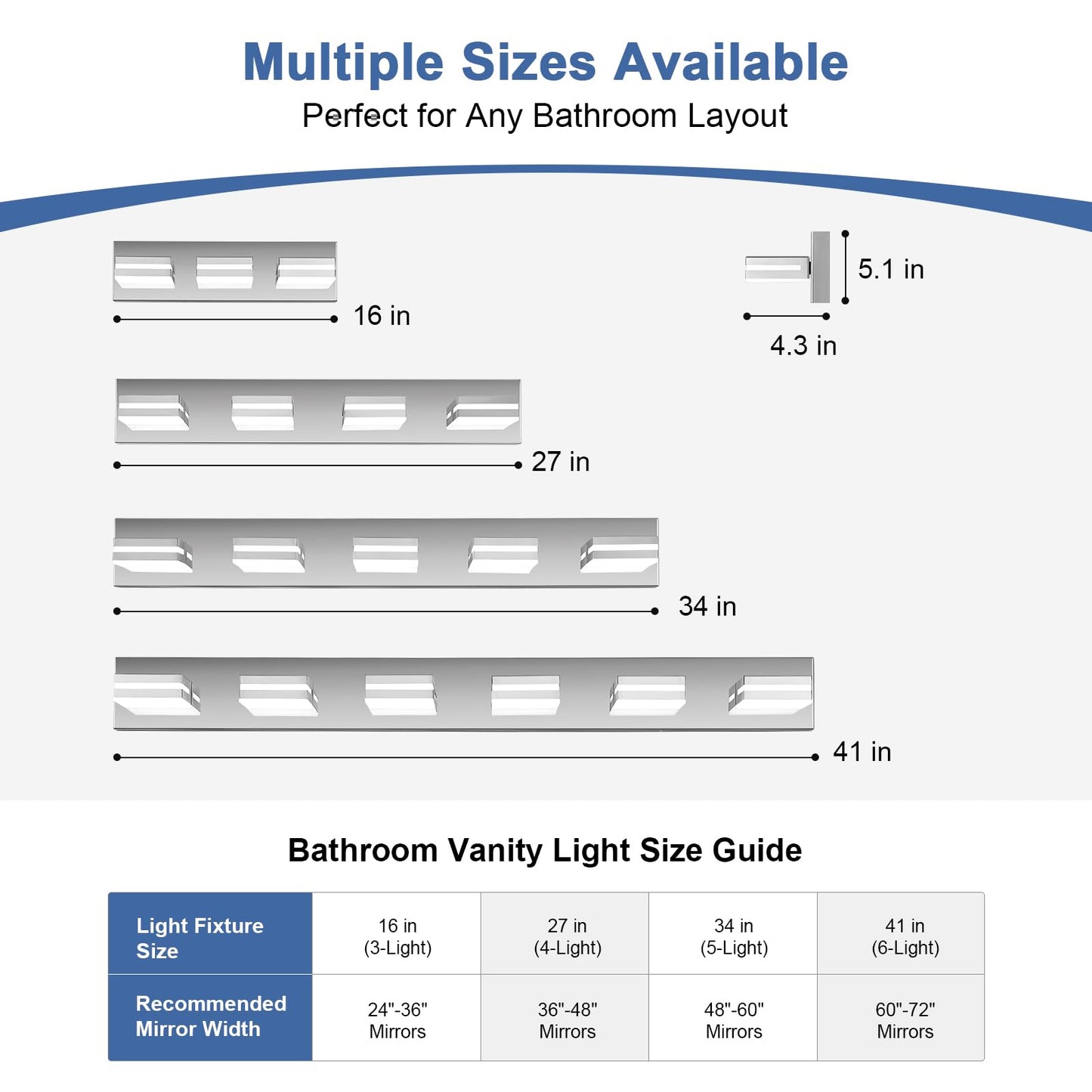 JZEKVN Modern LED Small Bathroom Lights Fixtures 3-Light,Stainless Steel Chrome Acrylic Wall Lighting,Vanity Lights for Bathroom Over Mirror 6000K 16in