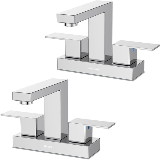 Bathroom Sink Faucet, Hurran 4 inch Chrome Bathroom Faucets for Sink 3 Hole with Pop-up Drain and Supply Lines, Stainless Steel 2-Handle Faucet for Bathroom Sink Vanity RV Restroom, 2 Pack