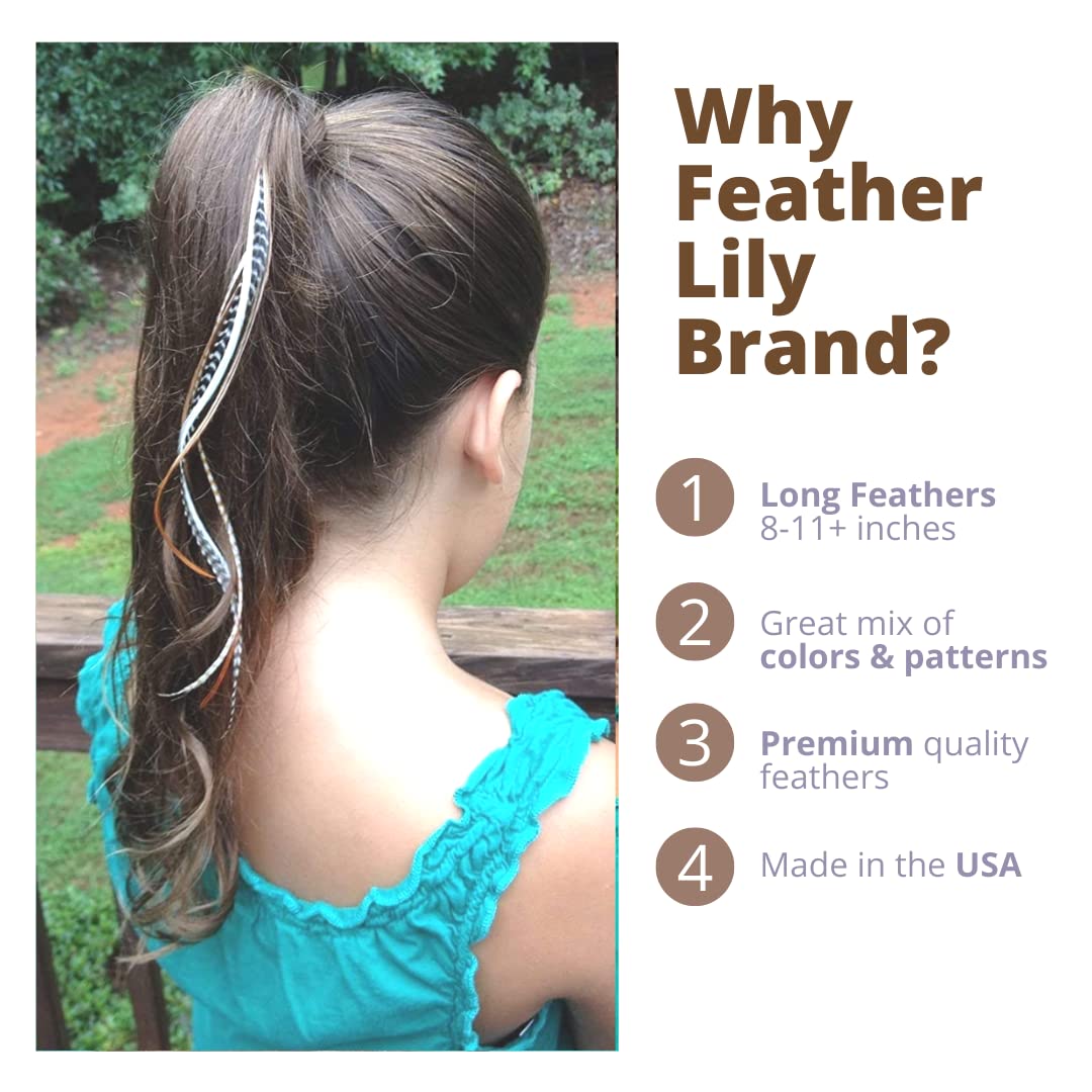 Hair Feathers Kit, 20 Beautiful Feathers for Hair, Brown Black White Long Feather Extensions with beads and loop tool, 100% Real Rooster Boho Soft Natural Feather Accessories