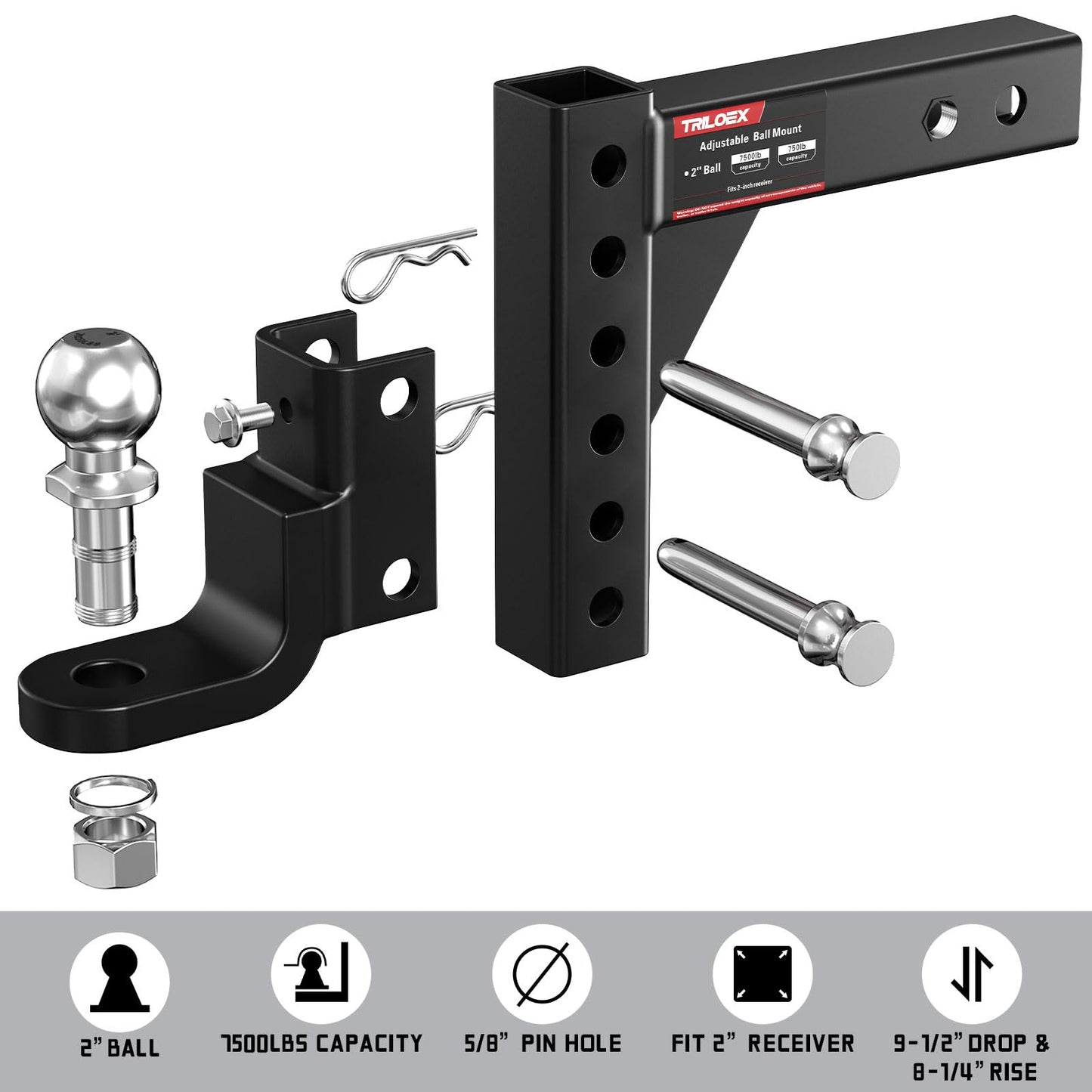 Adjustable Trailer Hitch Ball Mount, Fits 2" Receiver, 2" Tow Ball, 9-1/2" Drop&8-1/4" Rise, 7500lbs Heavy Duty Hitch with Screw-in Locking Pin