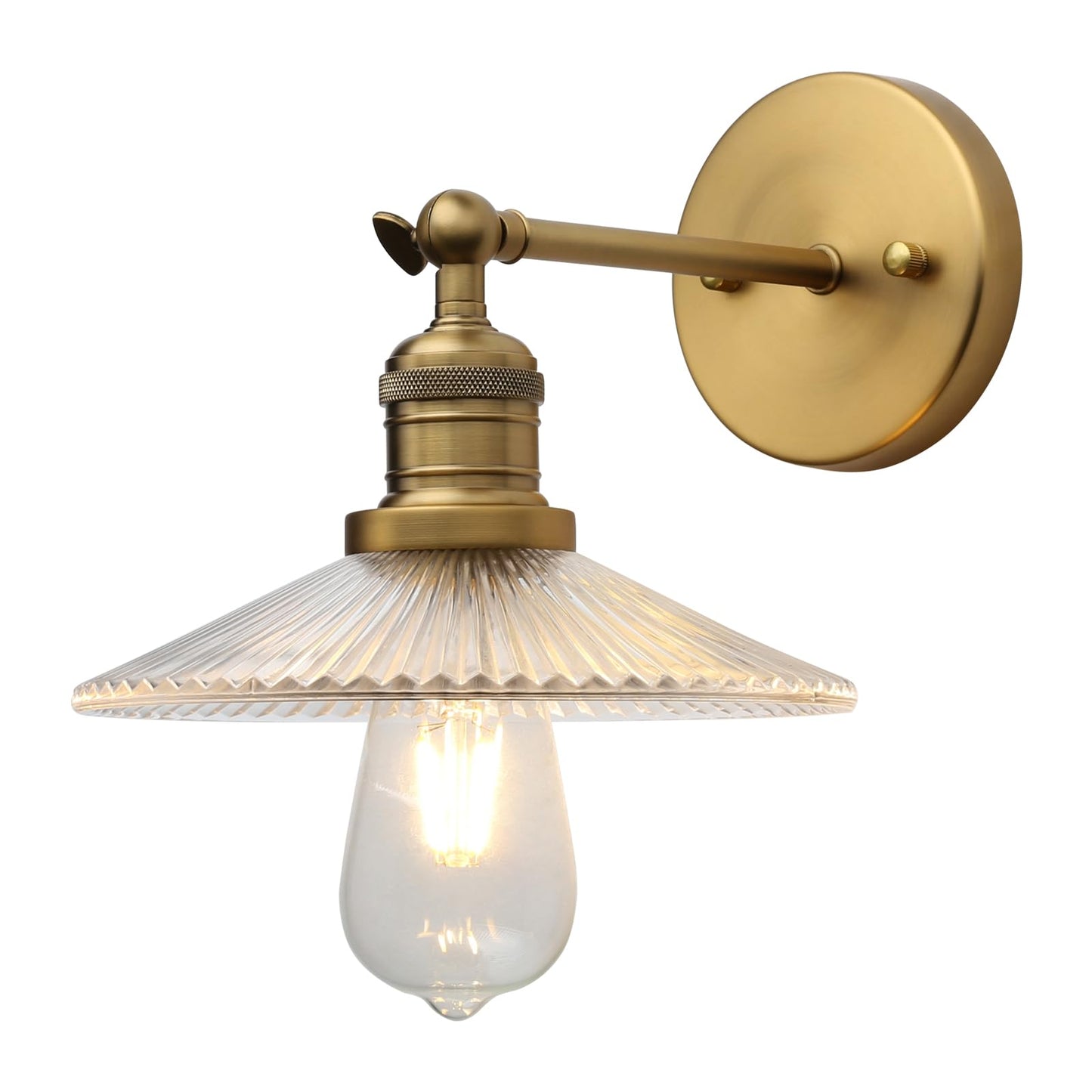 JIMUBEAM Industrial Vintage Wall Sconce 1-Light with Funnel Ribbed Clear Glass Shade, Indoor Wall Mounted Lamp Fixture for Living Room Bedroom Bathroom Over Kitchen Sink