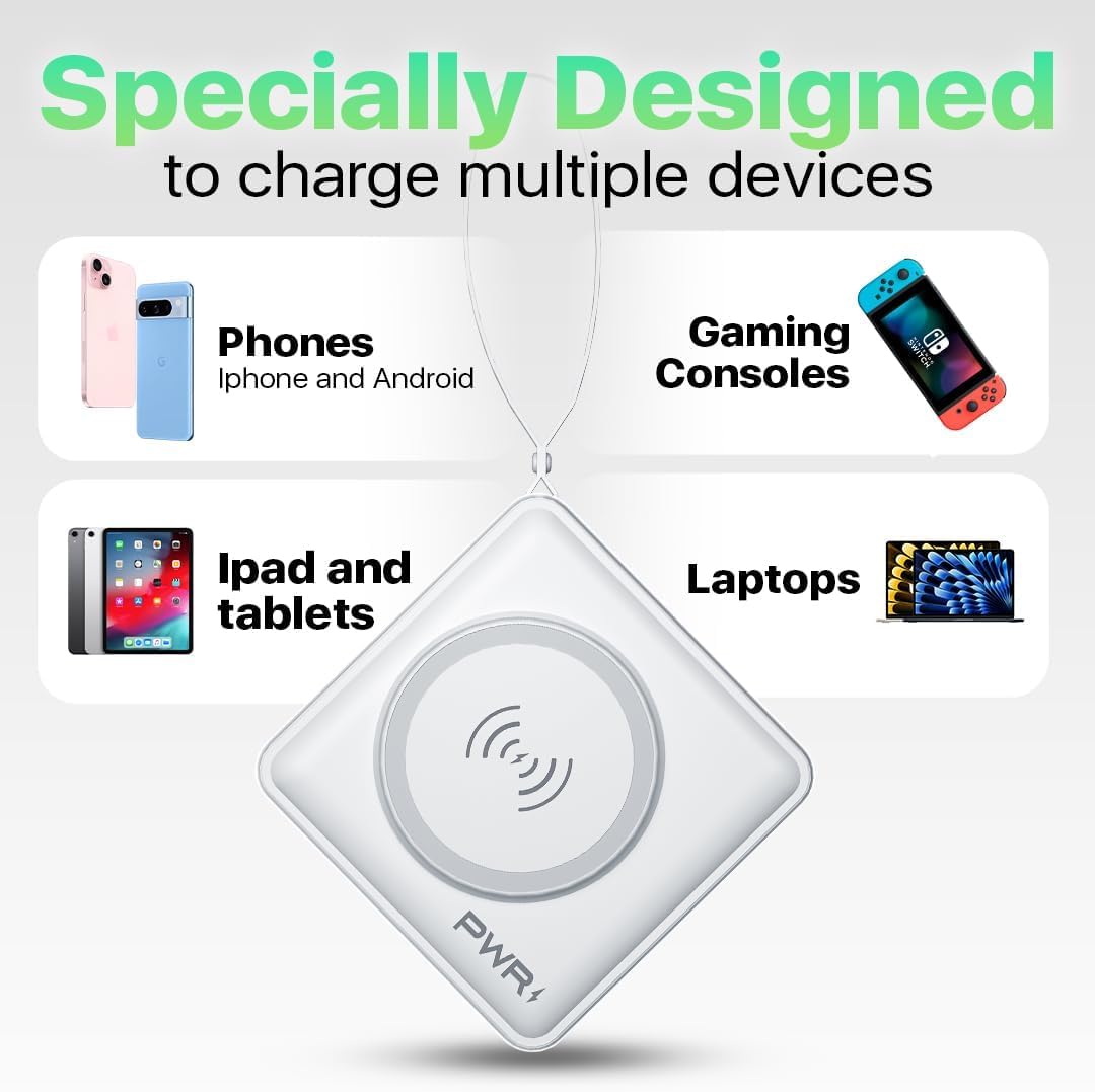 PWR Travel PRO 5-in-1 Power Bank – 5-in-1 PD 20W USB C Power Bank – 15W Fast Charging Wireless Portable Charger – Travel Power Bank with 10,000mAh Battery – Compatible with Lightning, USB-C (White)