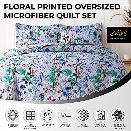 AZORES HOME Chloe Floral Printed Ultra-Soft 3-Piece Oversized Quilt Set, Easy Care and Fade Resistant - Queen, Green