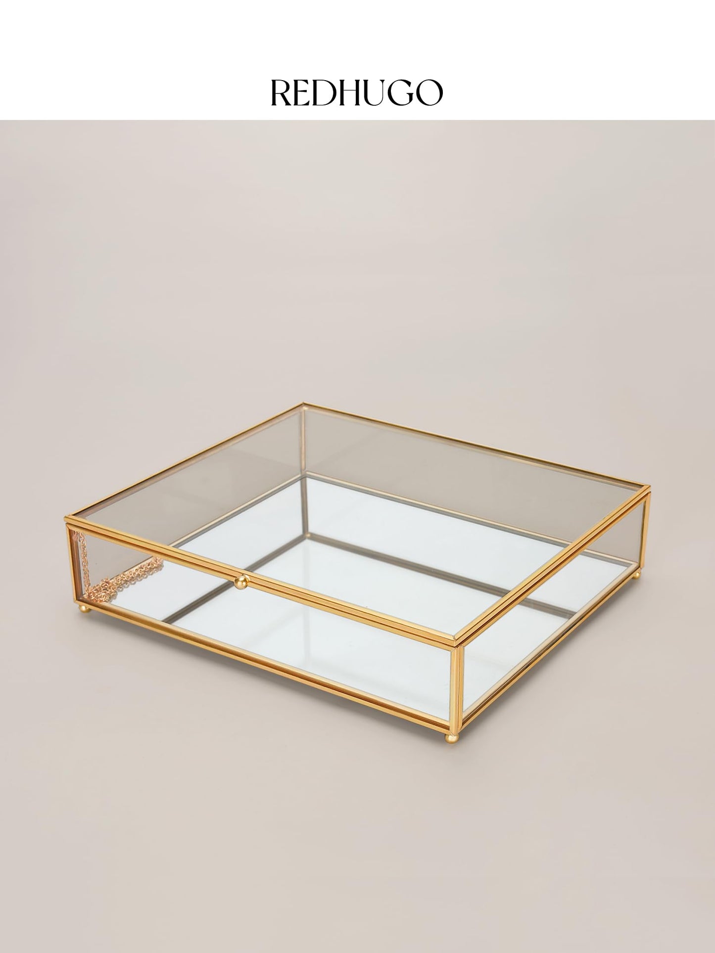 REDHUGO Large Glass Boxes for Display Handmade, Mirrored Bottom, Glass Jewelry Trinket Box with Lid, for Book, Photo, Keepsake Organizer, Display Case for Vanity Decor Home Dresser, Gold