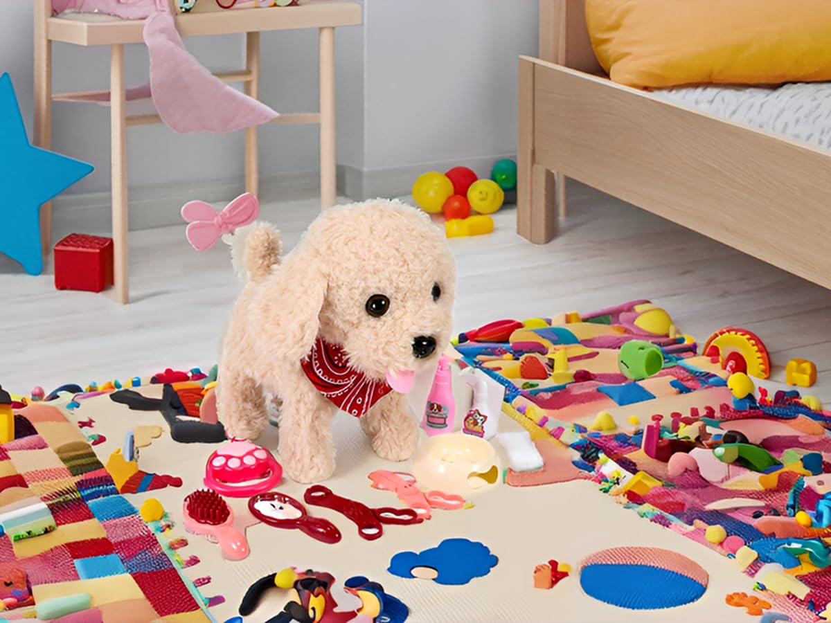 GOBRILLFUN Toy Dog That Walk and Bark, Pet Care Playset - Remote Control Leash Interactive Electronic Plush Puppy, Tail-Wagging Stuffed Dog, Birthday Gift for Kids Girls Boys Aged 3-6 Year