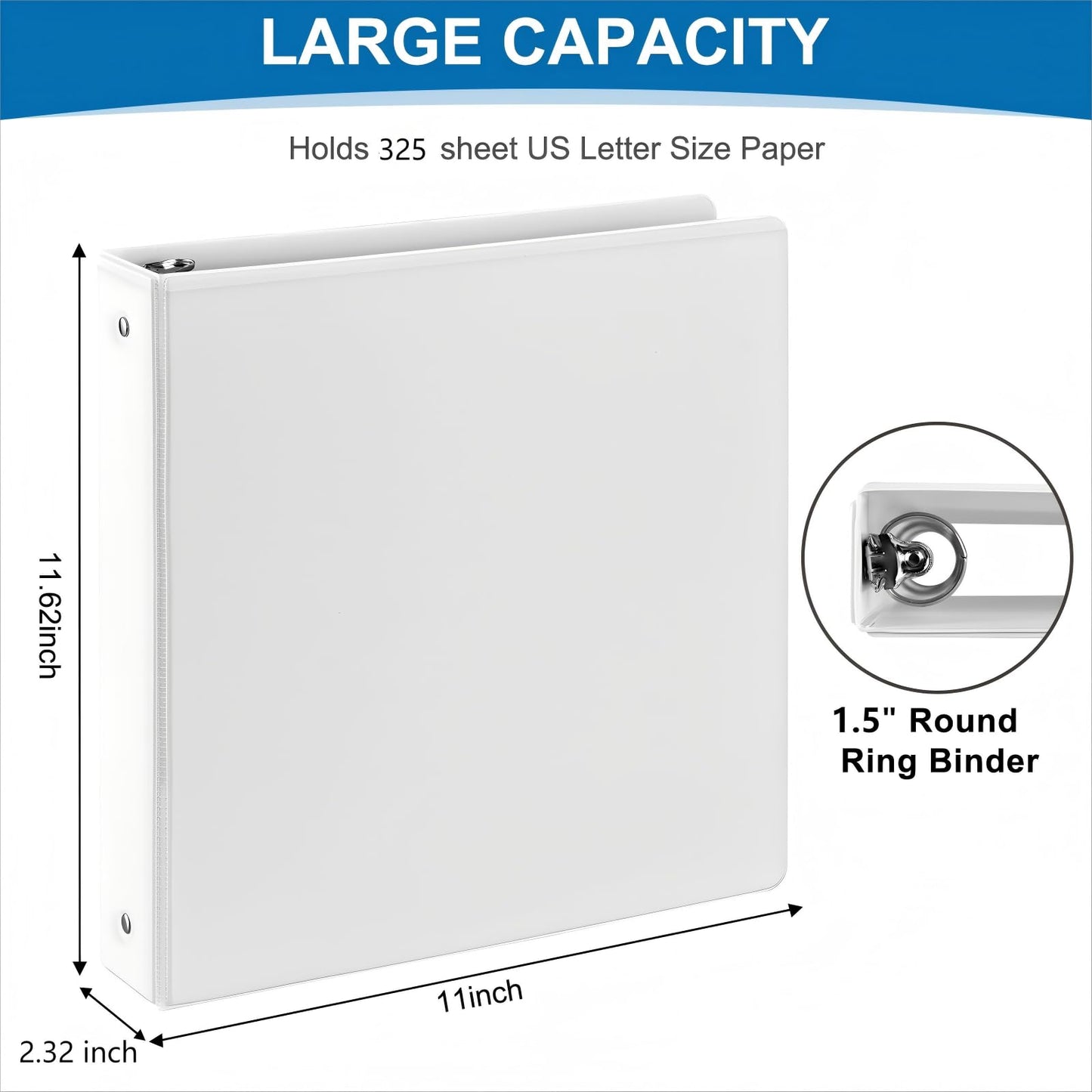 SUQJOY 1.5-Inch 3-Ring Binder with Pockets, 1-1/2’’ Clear View Binders,PVC Free, White Binder Holds up to 325 Sheets US Letter Size, Perfect for School,Office and Home(6 Pack)