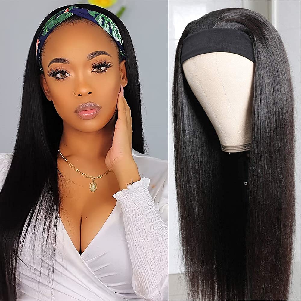 TNICE Headband Wig Human Hair Straight 24 Inch Headband Wigs for Black Women Glueless None Lace Front Human Hair Headband Wig Brazilian Virgin Hair Wear and Go Wigs 150% Density Wigs Natural Black