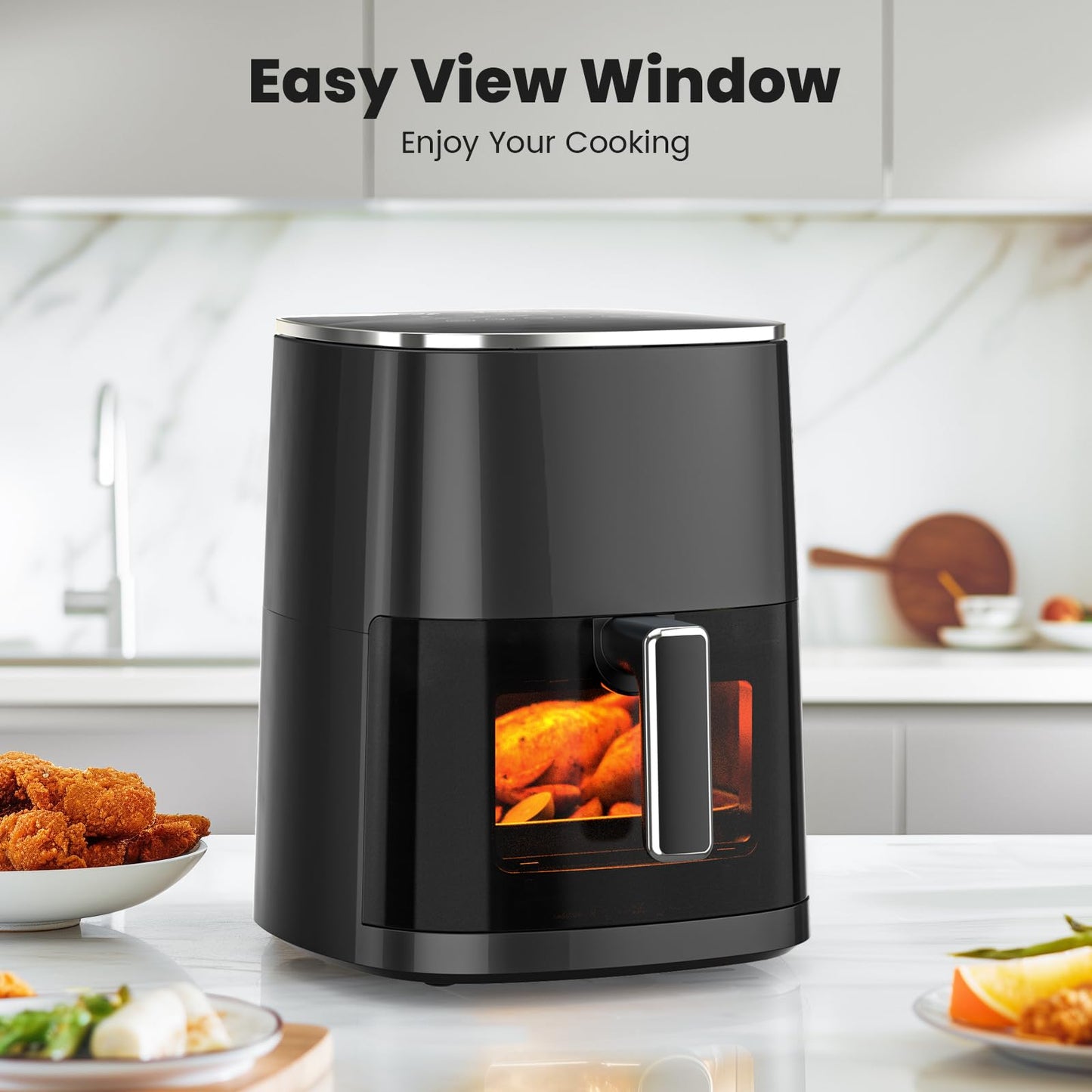 KMFurnila Air Fryer, 6QT Square Airfryer with Visual Window, 400°F Fast Heating Air Fryers Oven with Timer, Auto-Off, Non Toxic & Non Stick, Multiple 12 Modes for Roast, Bake, Dehydrate, Fry, Reheat