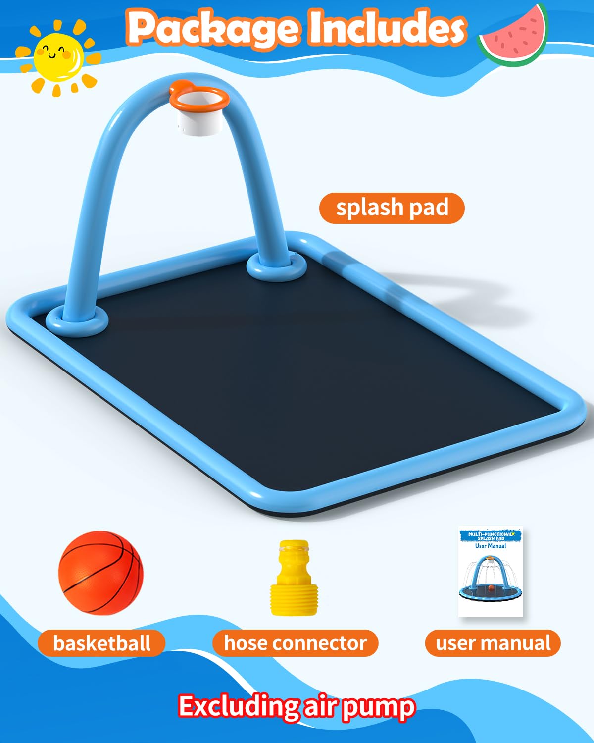 Octplay Splash Pad with Basketball Hoop - 102x87'' Large Sprinkler Pad for Kids & Dogs Pets | Thickened Non-Slip Splash Mat, Foldable Water Play Pool & Outdoor Summer Toys Ages 3+
