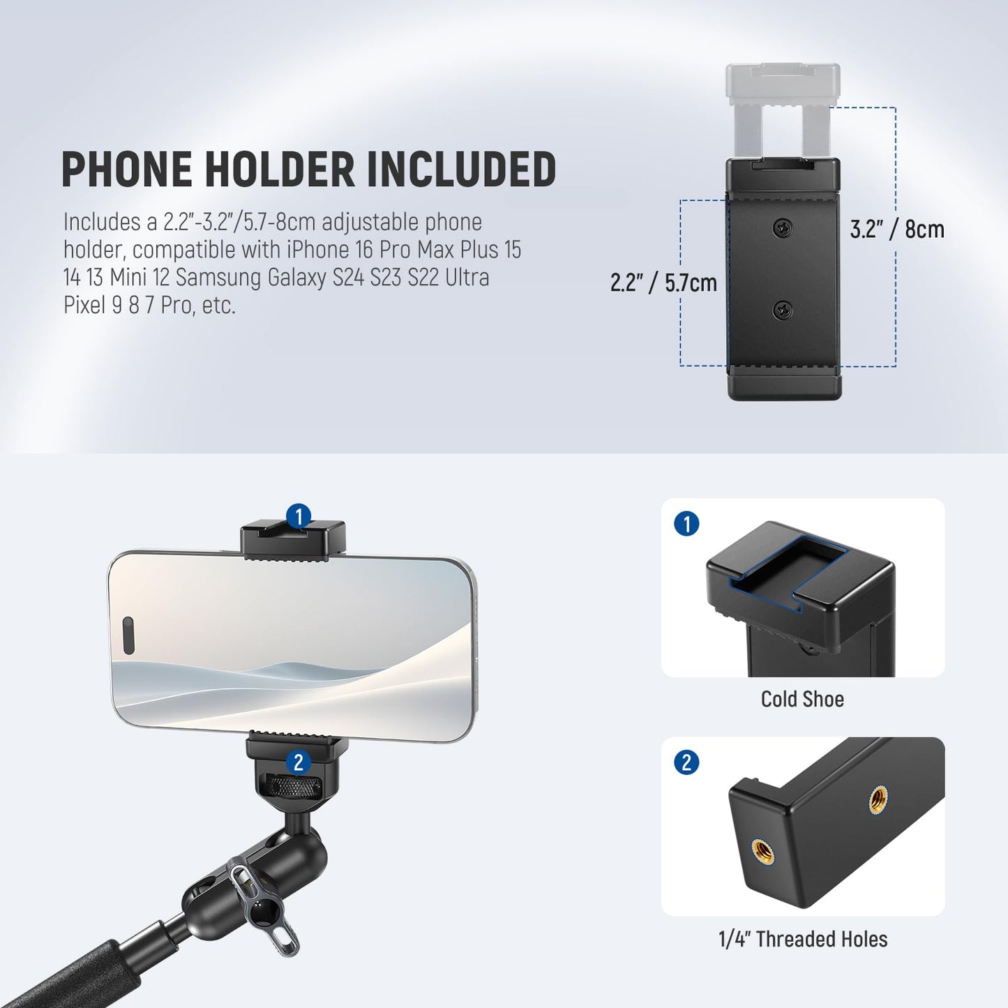 NEEWER 22" Magic Arm w Desk C Clamp, Overhead Camera Mount with Articulating Mic Boom Arm 1/4" 3/8" Threads for ARRI, Desktop Stand Holder for Phone Microphone Webcam Action Camera Video Light, UA057