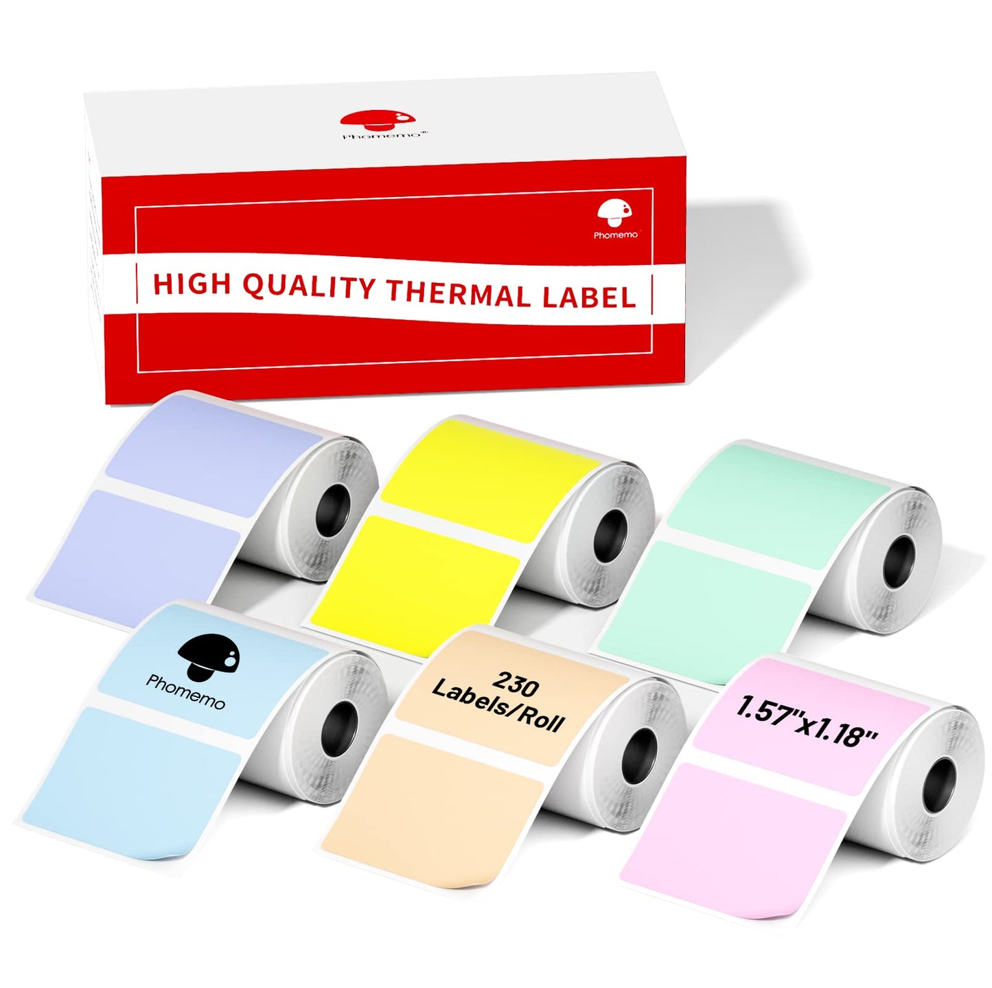Phomemo Sticker Labels 1.57"x1.18"(40x30mm) 6 Rolls, for M110/M110S/M120/M200/M220 Printer - Pink/Blue/Khaki/Green/Yellow/Purple, for Small Business, Home, Office, 230 Labels/Roll
