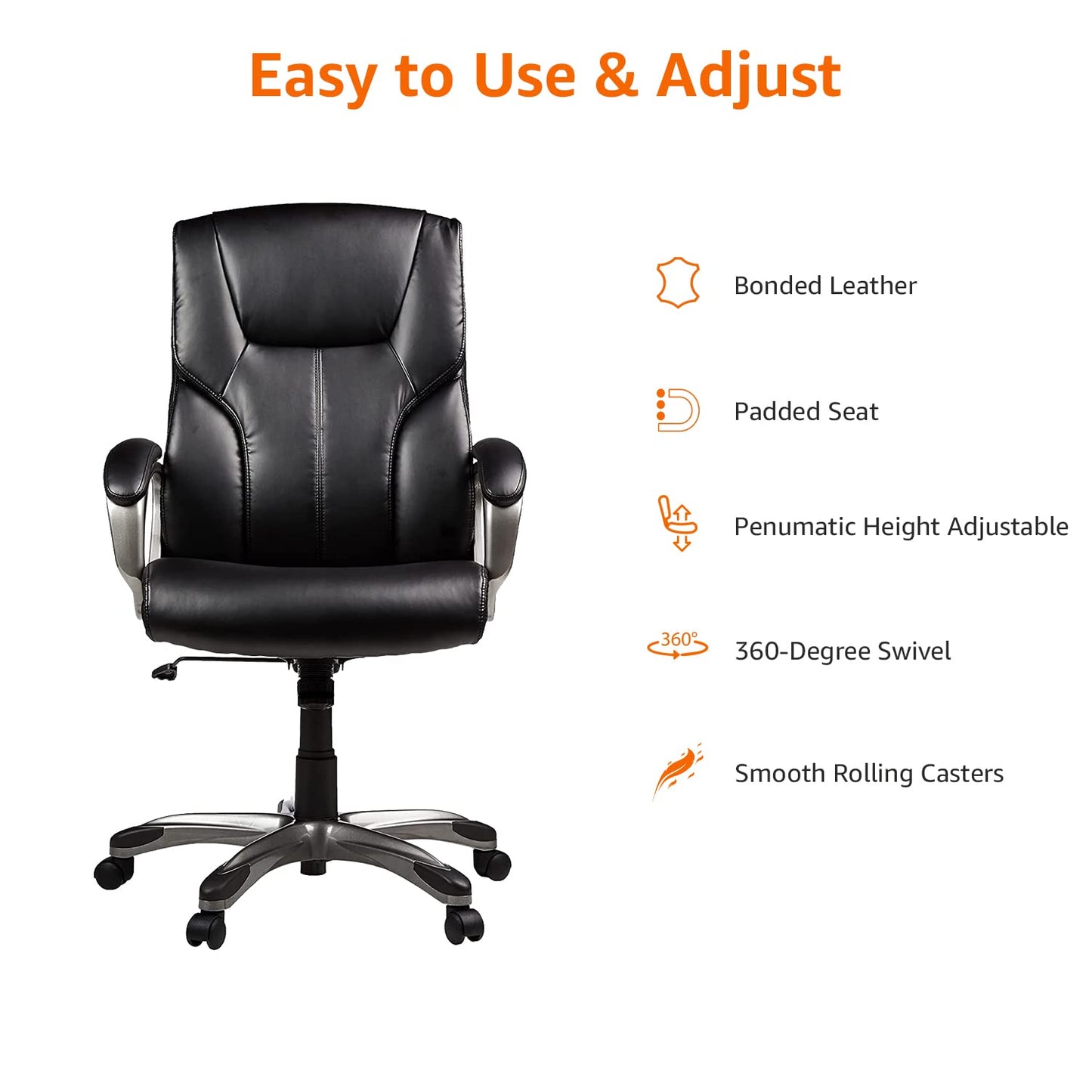 Amazon Basics Executive High Back Office Desk Chair, Adjustable Height, Tilt, Swivel, one Size, Black/Silver