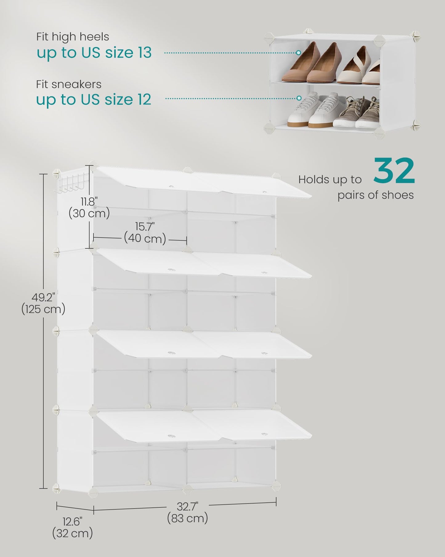 SONGMICS Shoe Rack Organizer, 8-Tier Shoe Storage Cabinet for Closet and Entryway, Holds 32 Pairs of Shoes, Adjustable, Cloud White ULPC034W03