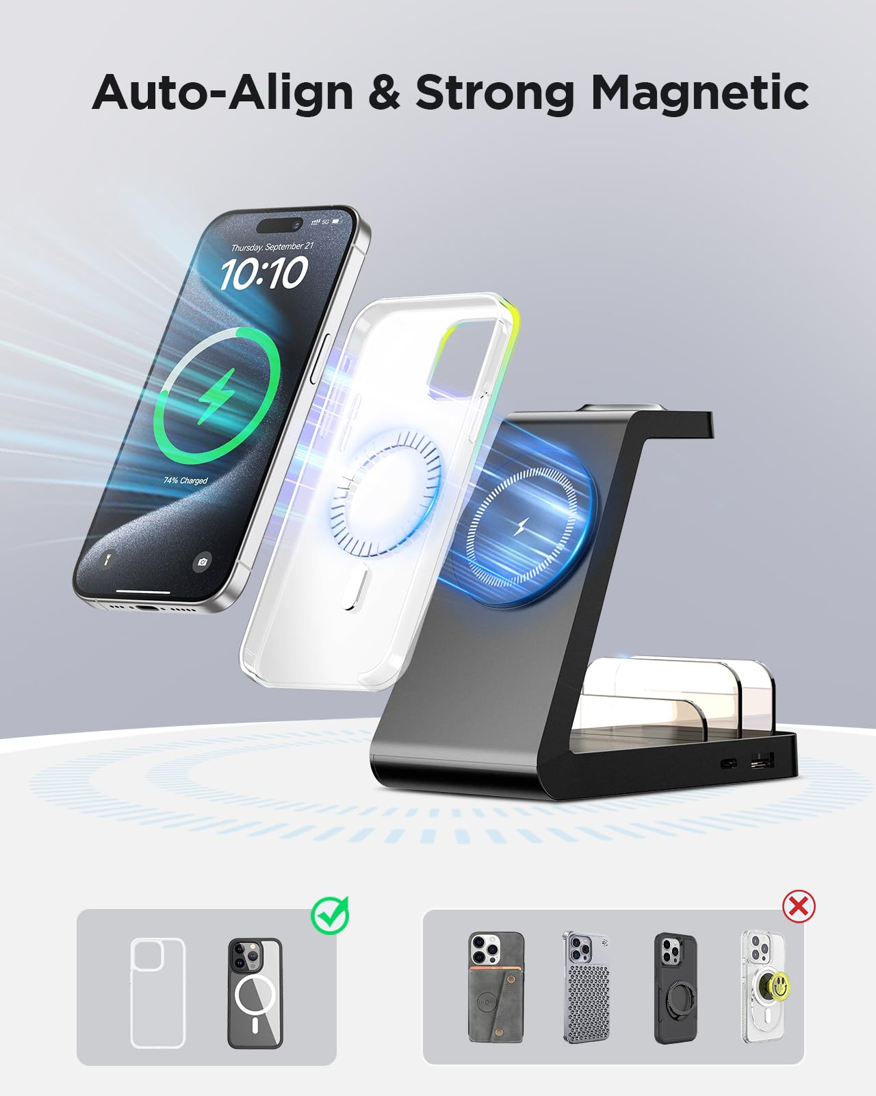 Charging Station for iPhone,5 in 1 Wireless Charger Stand Dock for Apple: Mag-Safe Charging Station for Multiple Devices Apple iPhone 16 15 14 13 12 Pro Max Plus Apple Watch iWatch Magnetic