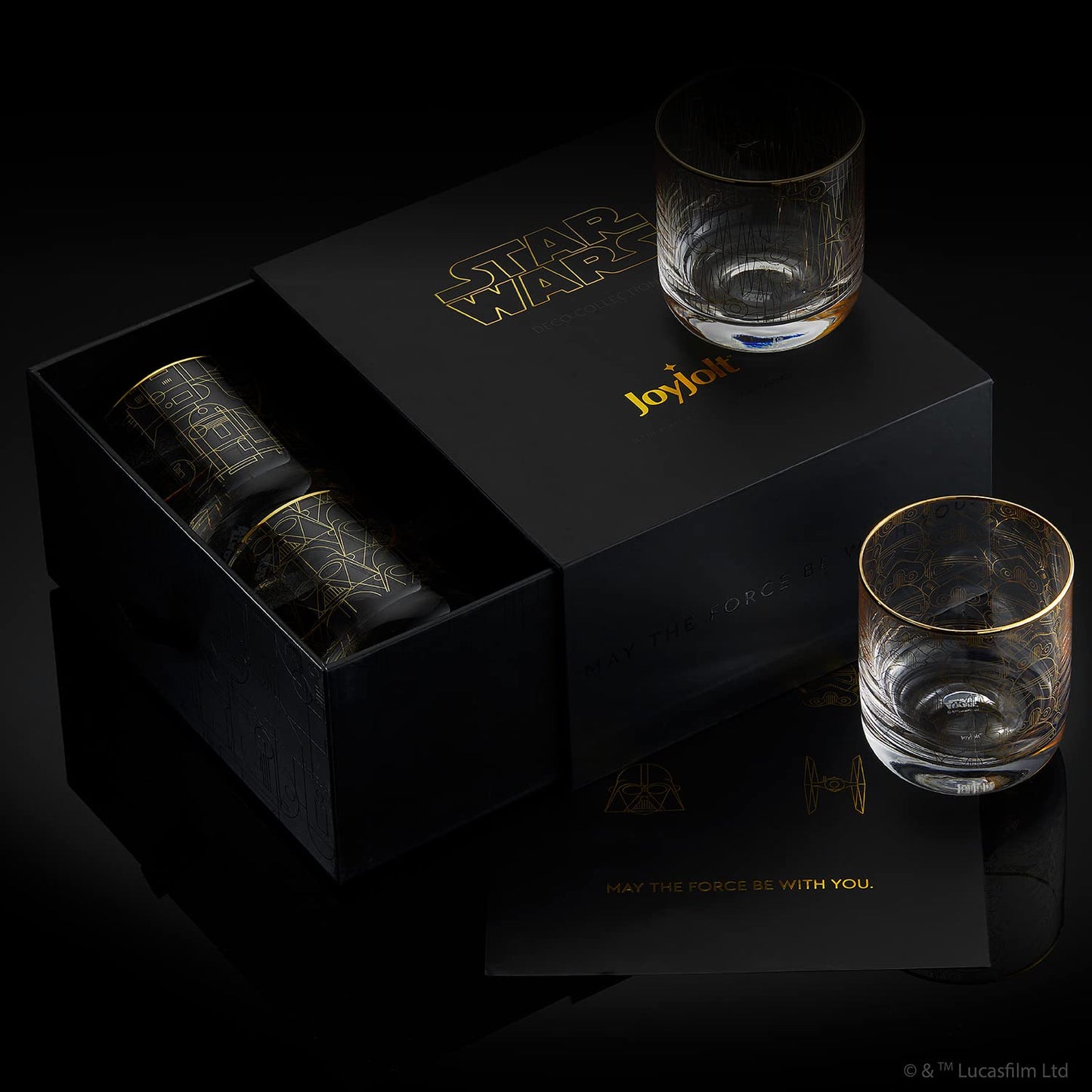 JoyJolt Star Wars Glassware. 'Deco' Lowball Glasses Set of 4, 10oz Star Wars Glasses. Short Tumbler with Darth Vader in Retro Crystal Glass Cup. Double Old Fashioned Rocks or Water Glass