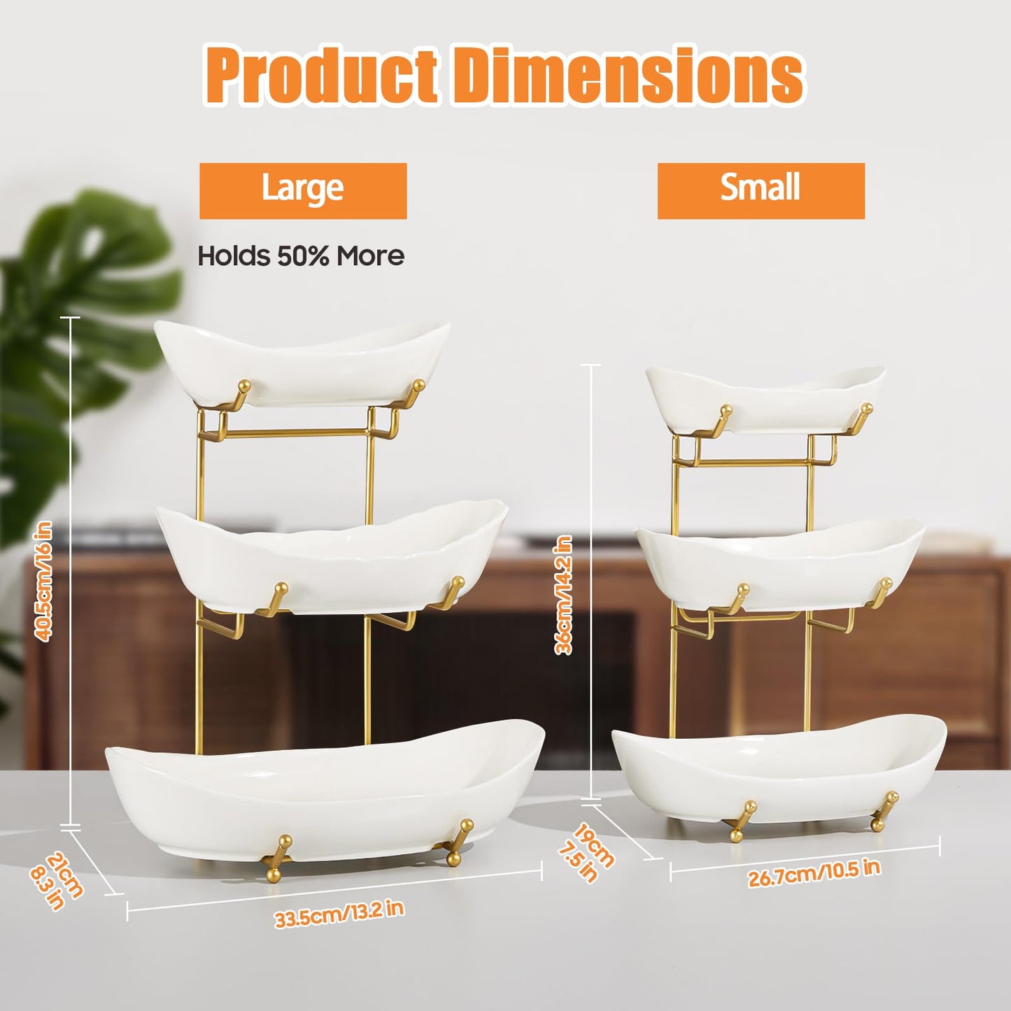 HOMKULA Ceramic Fruit Bowl for Kitchen Counter - 3 Tier Fruit Basket with Metal Stand, Tiered Fruit Stand for Countertop, Snack, Nuts, Cake, Dessert, Cute (Gold, Large)
