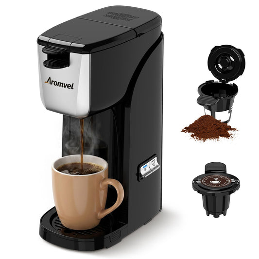 Aromvel 2-in-1 Single Serve Coffee Maker for K Cup Pods & Ground Coffee, 6 to 14 oz Brew Sizes, Compact Small Brewer with Dual Buttons, Adjustable Drip Tray for Travel Mugs, Silver