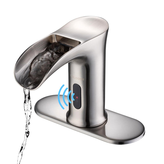 CDLODIN Automatic Sensor Touchless Waterfall Bathroom Sink Faucet, Modern Electronic Sensor Lavatory Faucet, Brushed Nickel Hands Free Vanity Faucets with Control Box and Temperature Mixer