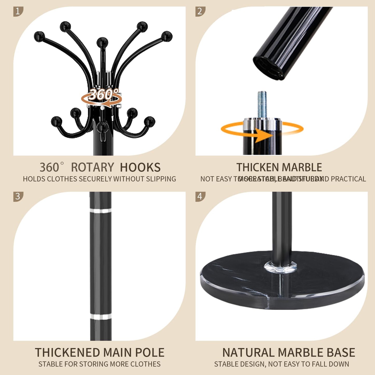 LOZABEE Metal Heavy Duty Coat Rack Stand, Modern Freestanding Coat Rack with Natural Marble Base, 360° Roraty Coat Racks with 16 Hooks, Black Coat Hall Tree Hanger Stand for Entryway, Office