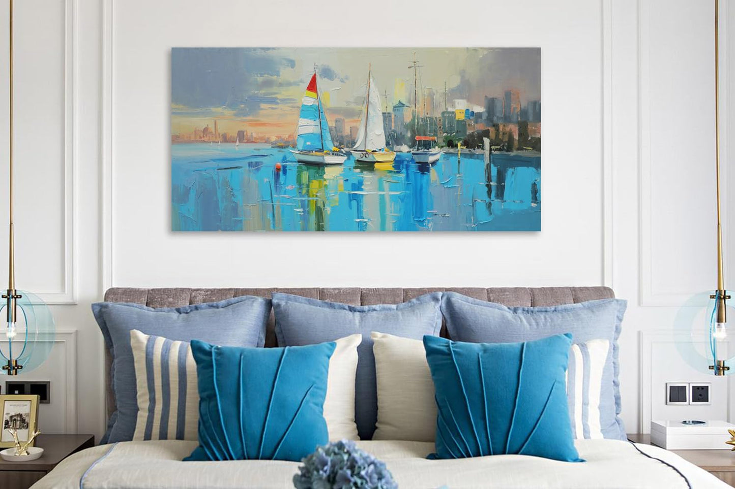 Anolyfi Abstract Sailboat Canvas Wall Art Sunset Landscape Picture Coastal Cityscape Panoramic Painting Textured Artwork Large Framed for Living Room Bedroom Bathroom Kitchen Office Home Decor 40"x20"
