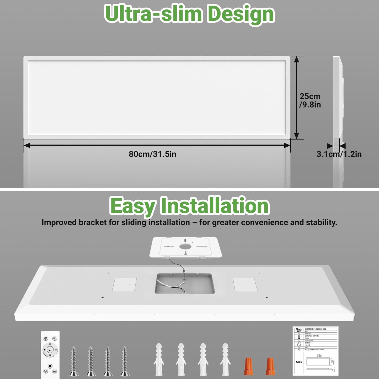 zemty LED Flat Panel Light with Remote 31.4x9.8 Inch, 36W 3800LM 3000K-6000K Color Temperature, Dimmable Flush Mount Ceiling Light Fixture for Kitchen Bedroom Garage