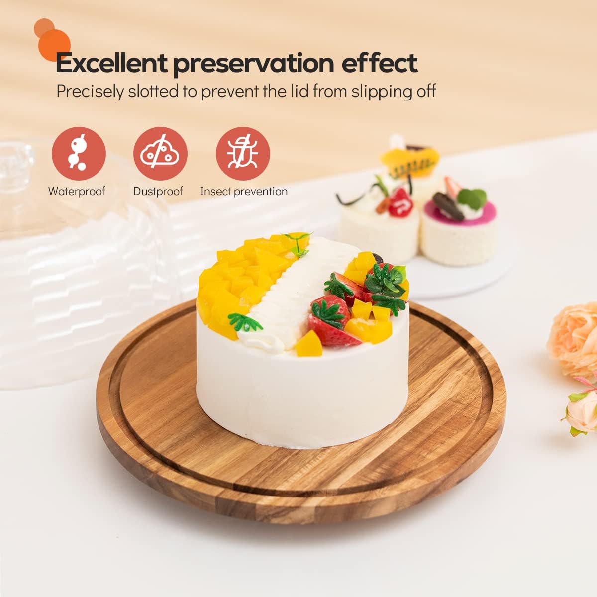 cutesun Wood Cake Stand with Lid, 11.8'' Rotating Cake Stand with Dome, Shaterproof 10.4'' Acrylic Cake Display Cover, Cake Holder Tray for Wedding Gift，Kitchen,Birthday,Parties,Baking Gifts