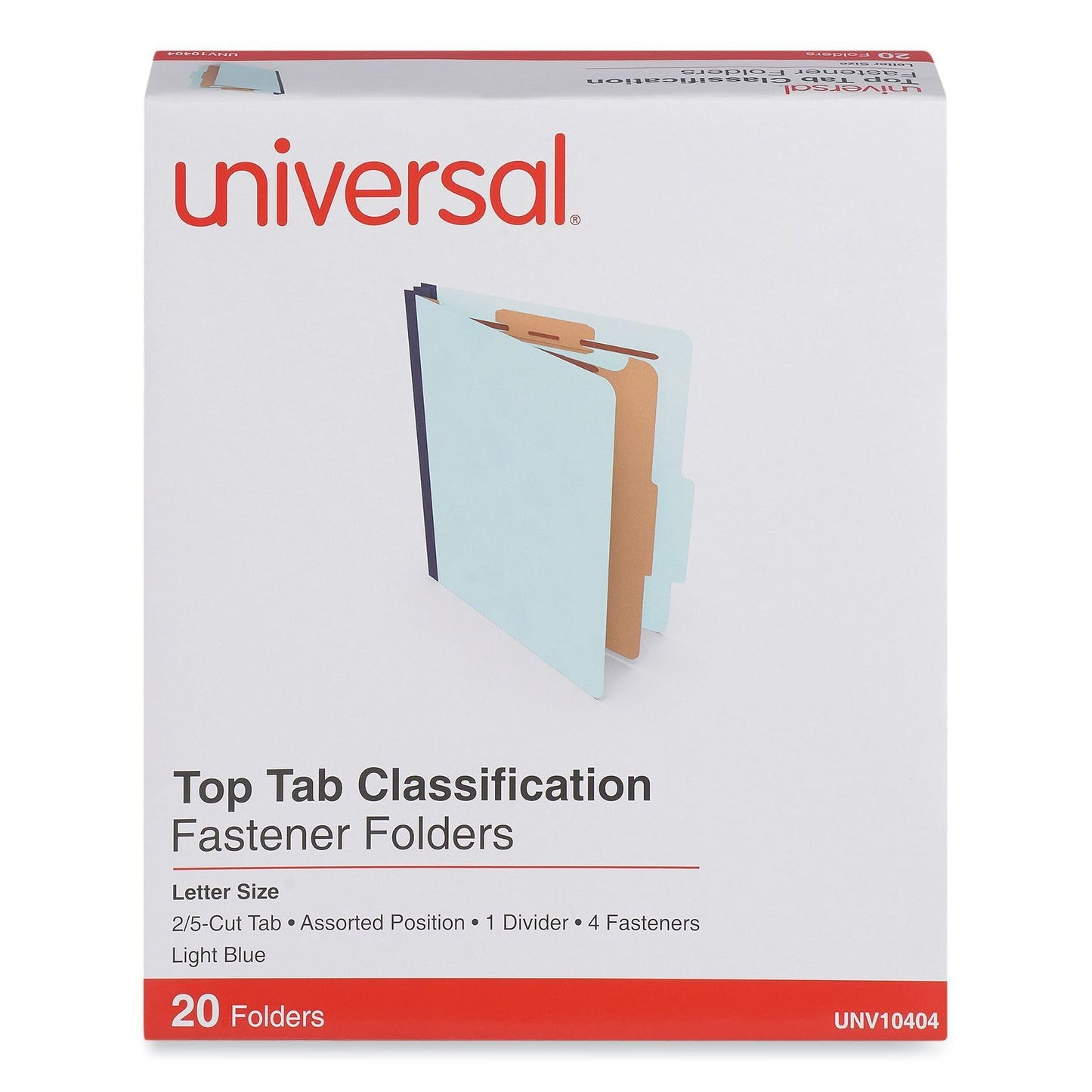 Universal Light Blue Top Tab Classification Fastener Folder, Letter Size, 2/5 Cut, 1 Divider, 4 Fasteners, Pack of 20