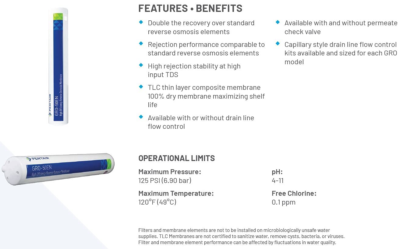 Pentair Pentek GRO-50EN High Efficiency Reverse Osmosis Membrane, TLC Encapsulated Replacement Membrane with Permeate Check Valve, 150 ML/Minute Drain Line Flow Control, 50 GPD Flow Rate