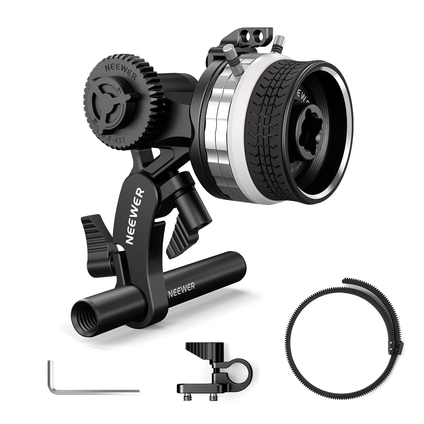 NEEWER Mini Follow Focus with A/B Stops, Lens Gear Ring, 15mm Rod & Rod Clamp for Cinema Camera, DSLR/Mirrorless Camera, Compatible with Lens Diameter Up to 114mm, PG001 (Silver)