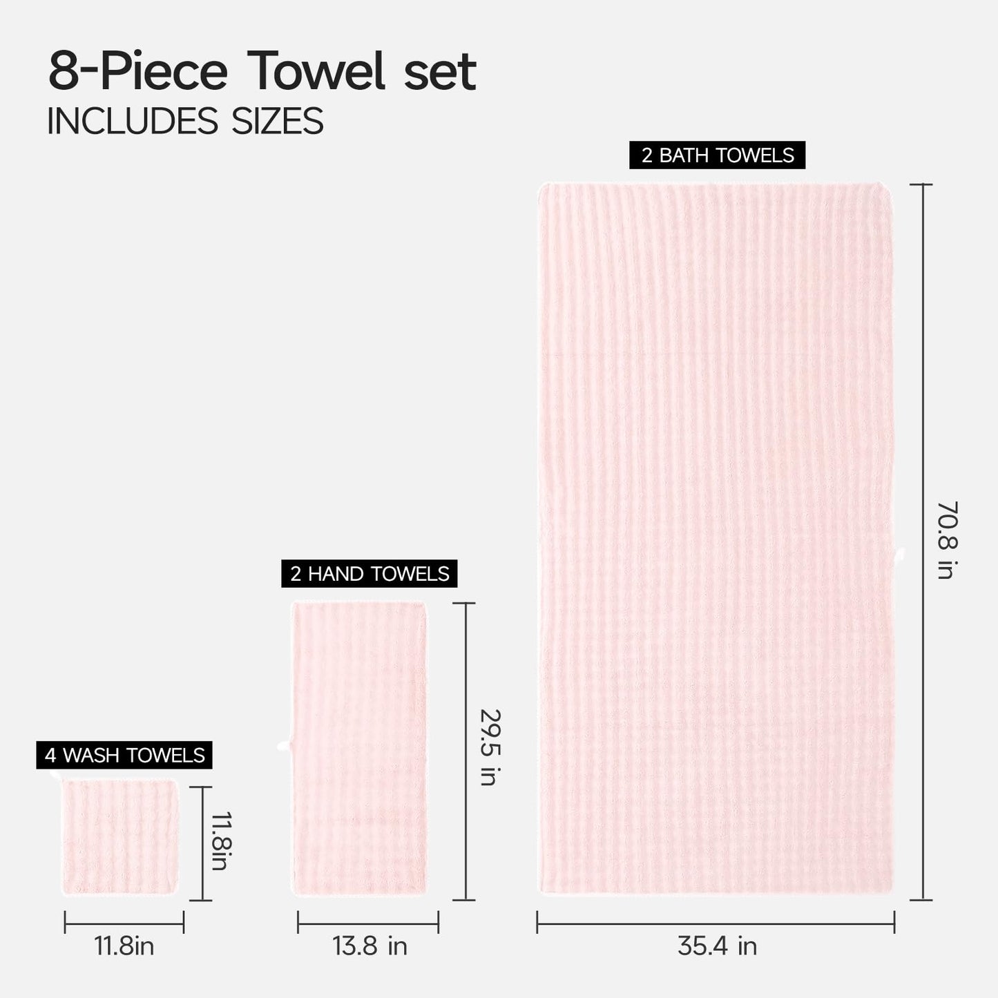 REDKISS Soft Bath Towel Sets 8-Piece, Microfiber Quick Dry & Absorbent, 35x70 in Large Bath Sheet 14x30 in Hand Towel, 12x12 in Washcloth, Pink Bathroom Towel Set