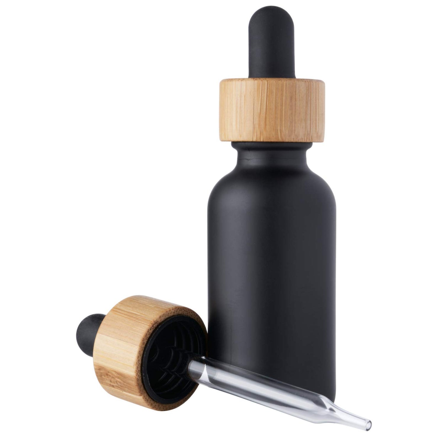 Focus Nutrition Black Boston Round 1 oz Glass Dropper Bottles for Essential Oils With Bamboo Caps | 24 Pack