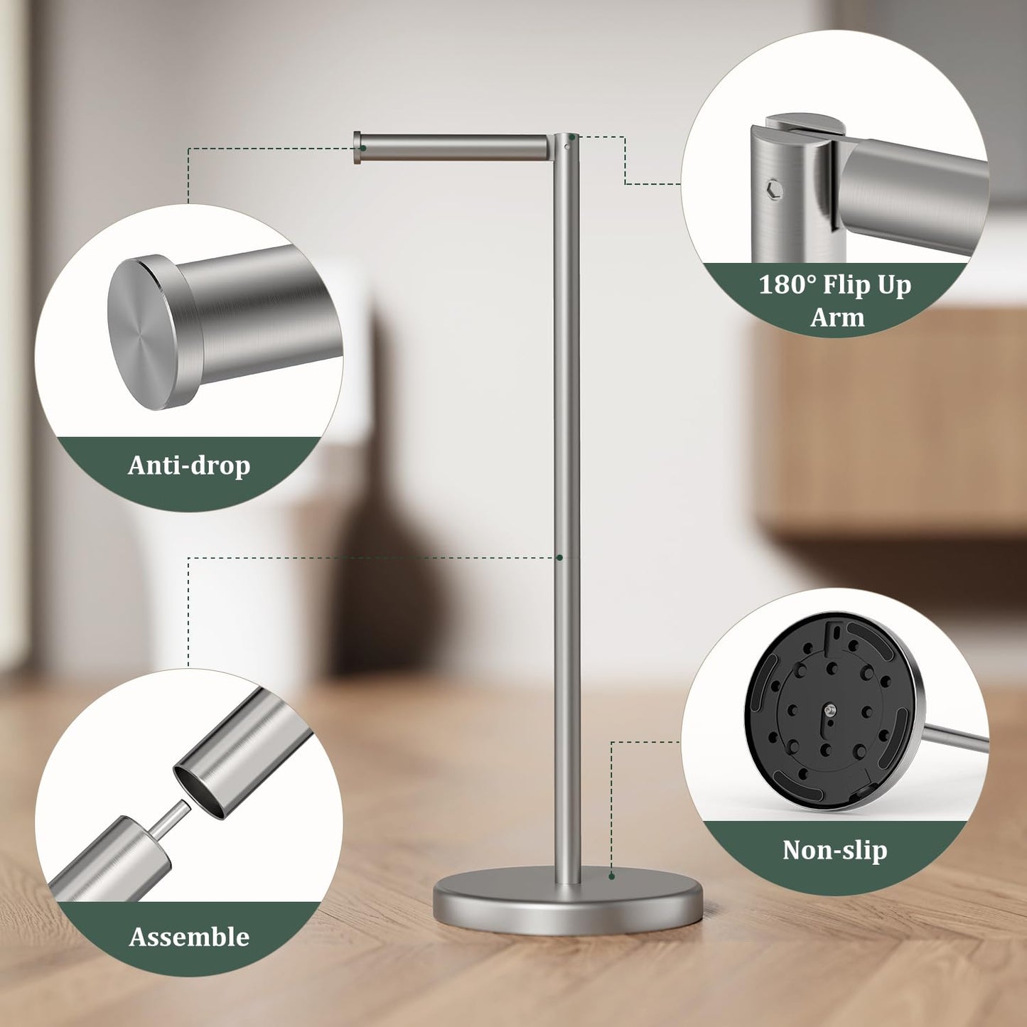 Evolvegoods Brushed Nickel Toilet Paper Holder Stand, Freestanding Toilet Paper Holder for Bathroom, 304 Stainless Steel Rustproof Tissue Roll Holder Storage for 4 Rolls(Fits All Rolls)