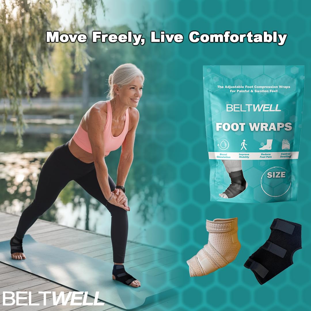 Beltwell® - Adjustable Foot & Ankle Compression Wraps For Edema, Lymphedema, Swelling, Neuropathy, Diabetic Foot Care, Circulation (2 Wraps) (Beige, X-Large)