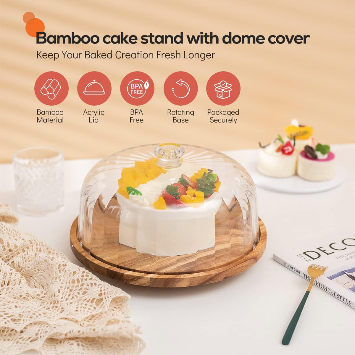cutesun Wood Cake Stand with Lid, 11.8'' Rotating Cake Stand with Dome, Shaterproof 10.4'' Acrylic Cake Display Cover, Cake Holder Tray for Wedding Gift，Kitchen,Birthday,Parties,Baking Gifts