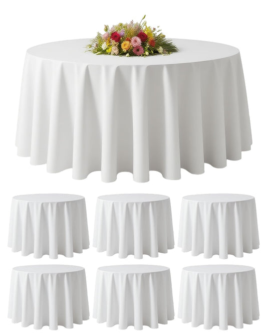BESTVIP 6 Pack 120" White Round Fabric Tablecloths | Fits 48"-78" Tables | Polyester Washable Decorative Table Cloth Cover for Wedding, Reception, Banquet, Birthday, Parties, Buffets, Restaurant