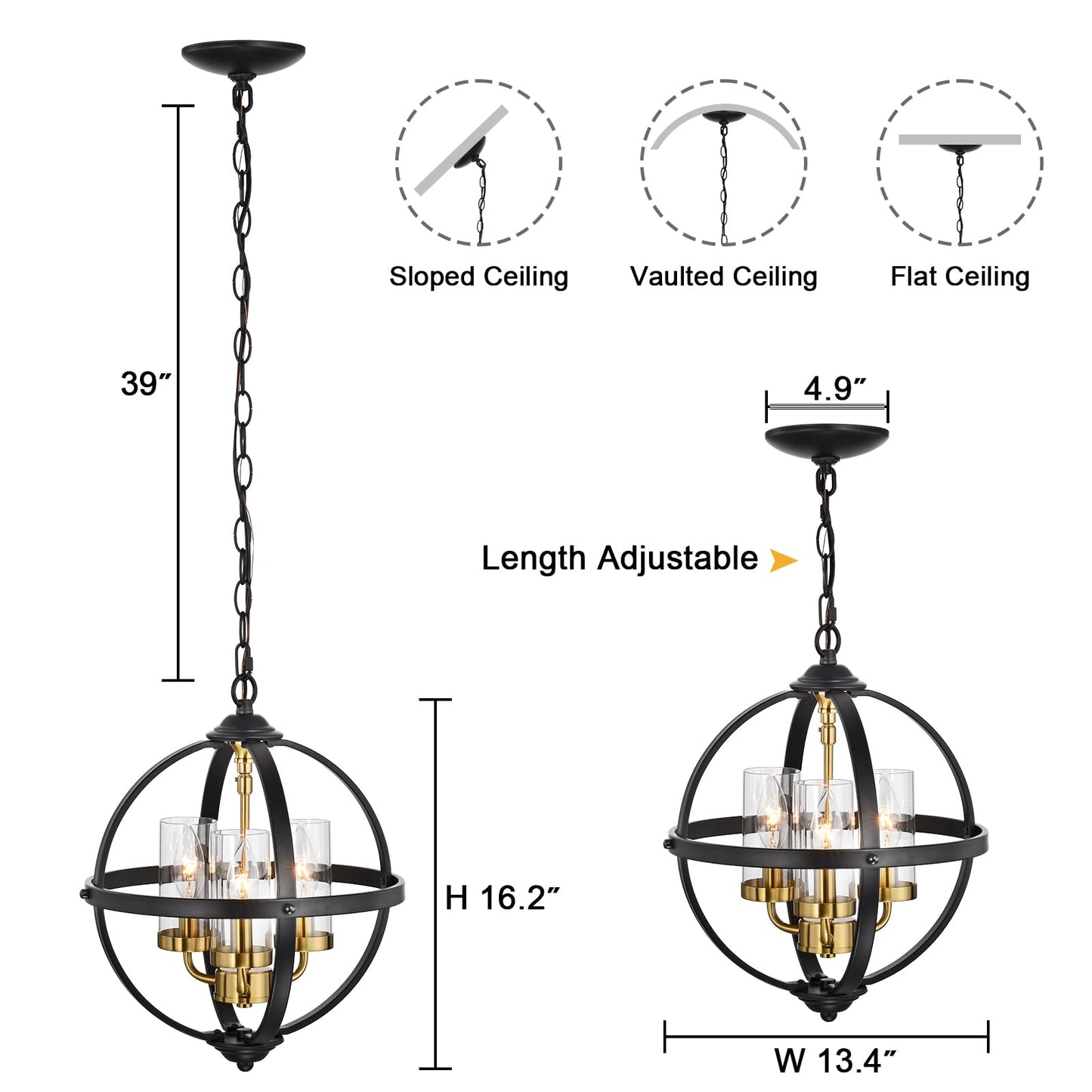 Treekee Rustic Chandelier, 14" Farmhouse Globe Orb Pendant Light, Vintage Black and Gold 3-Light E12 Adjustable Ceiling Hanging Fixture for Kitchen, Dining Room, Living Room, Bedroom, Entryway, Foyer