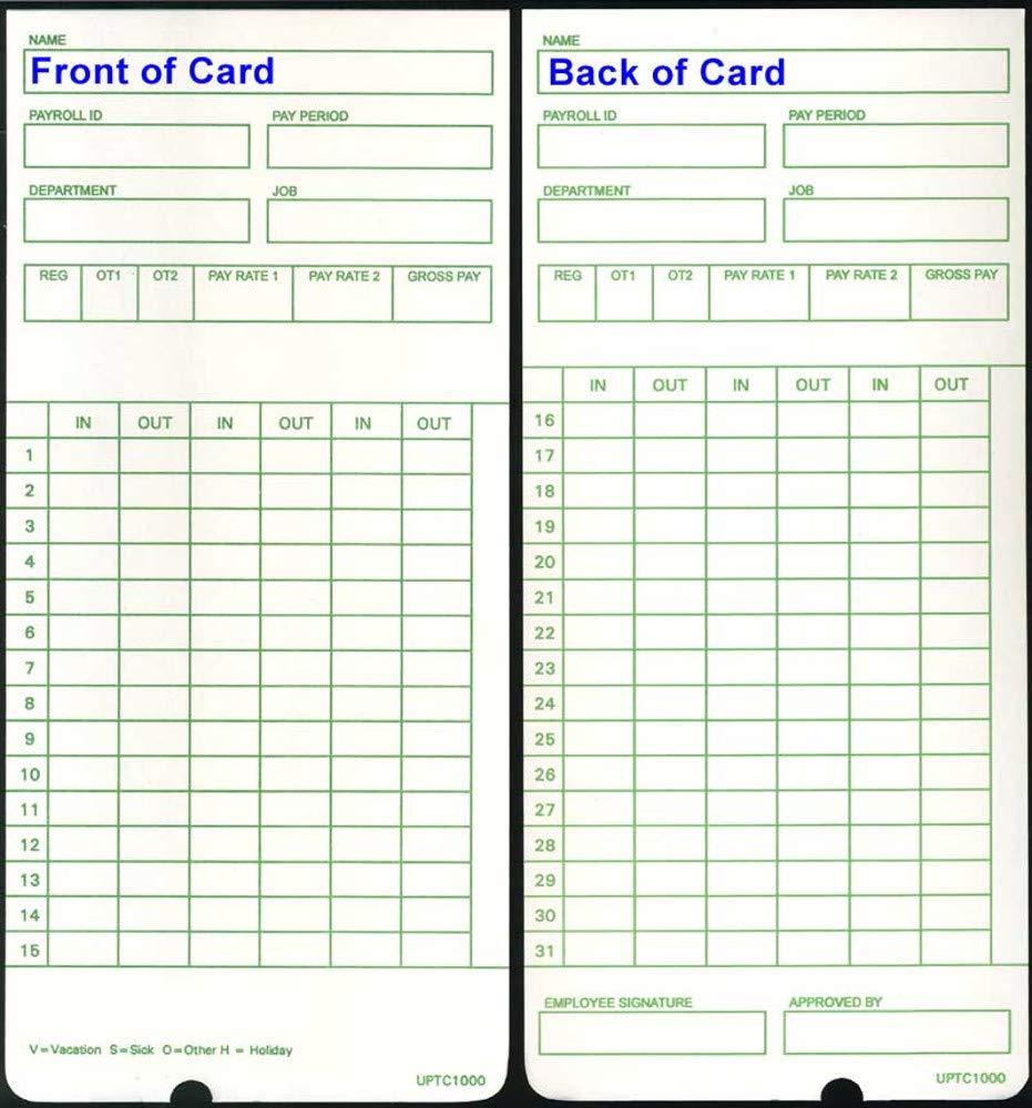 800 uPTC1000-1 Compatible Time Cards for Non-Calculating uPunch HN3000 AutoAlign Time Clock (fits HN1000, HN1500, HN3000, HN3500, HN3540, UB1000)