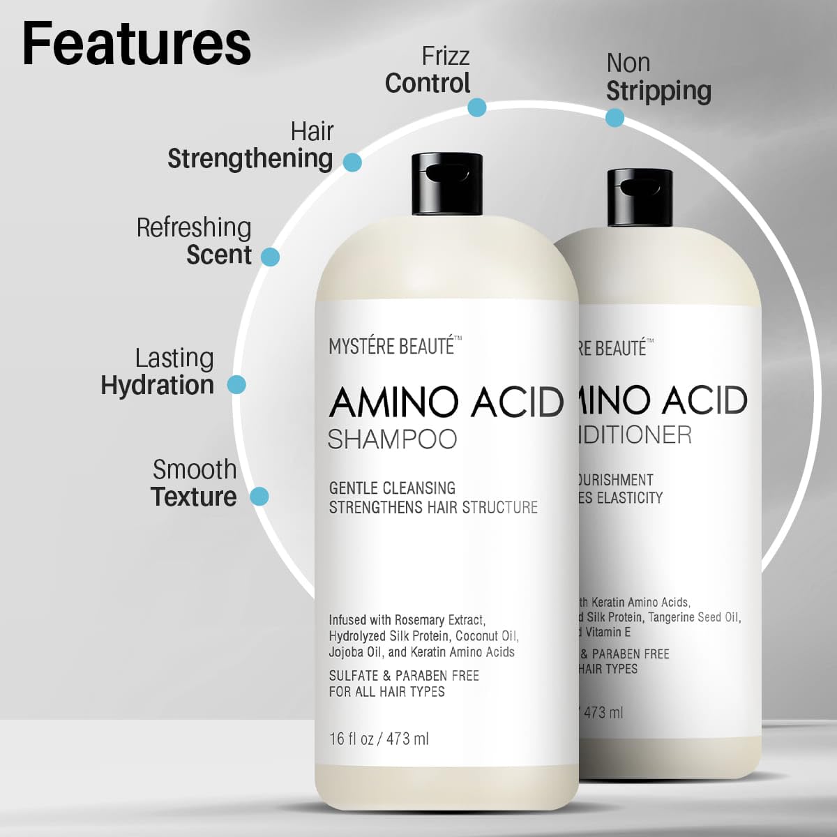 Amino Acid Shampoo and Conditioner Set for All Hair Types | Nourishing Amino Acid Hair Shampoo with Vitamin E & Jojoba Oil for Frizz Control & Shine Moisturizing Amino Acid Conditioner - 16 fl oz each
