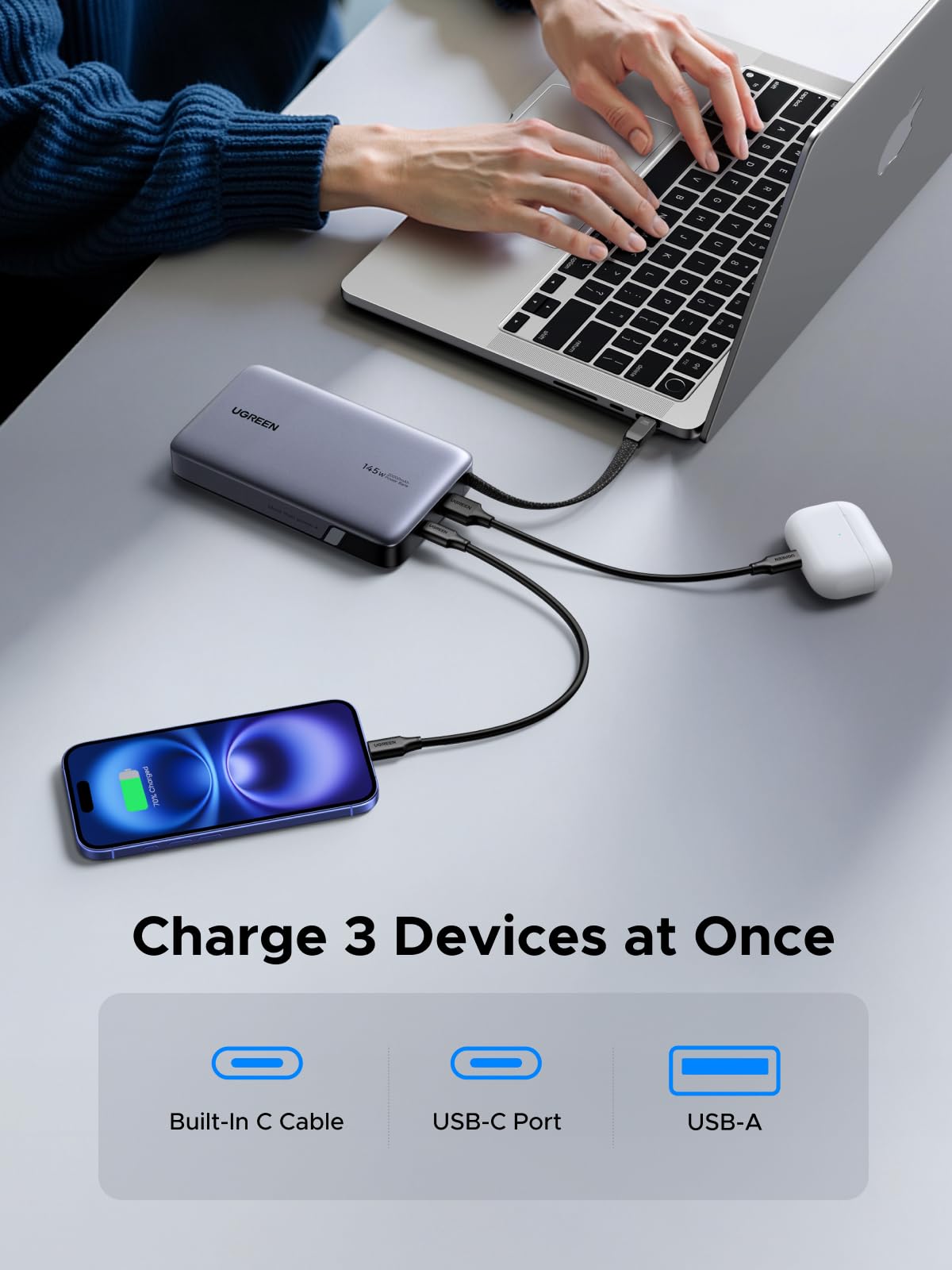 UGREEN Nexode Power Bank, 20000mAh 145W Laptop Portable Charger with Built-in USB-C Cable 72Wh Fast Charging Business Travel Battery Pack for MacBook Pro/Air/ipad/iPhone 17/Samsung S25/Dell/HP/Lenovo
