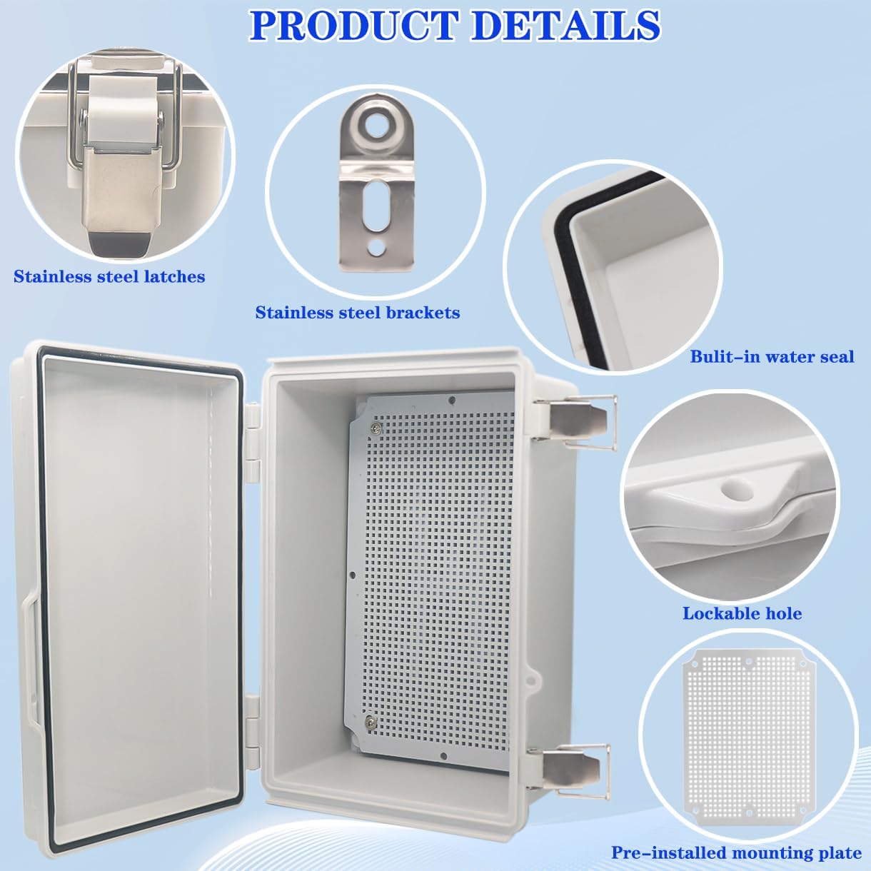 YETLEBOX Waterproof Electrical Box,IP67 Junction Box Hinged Grey Cover ABS Project Boxes for Electronics DIY Enclosure with Mounting Plate Wall Bracket and 2 Cable Glands 13.8" x 9.8" x 5.9"