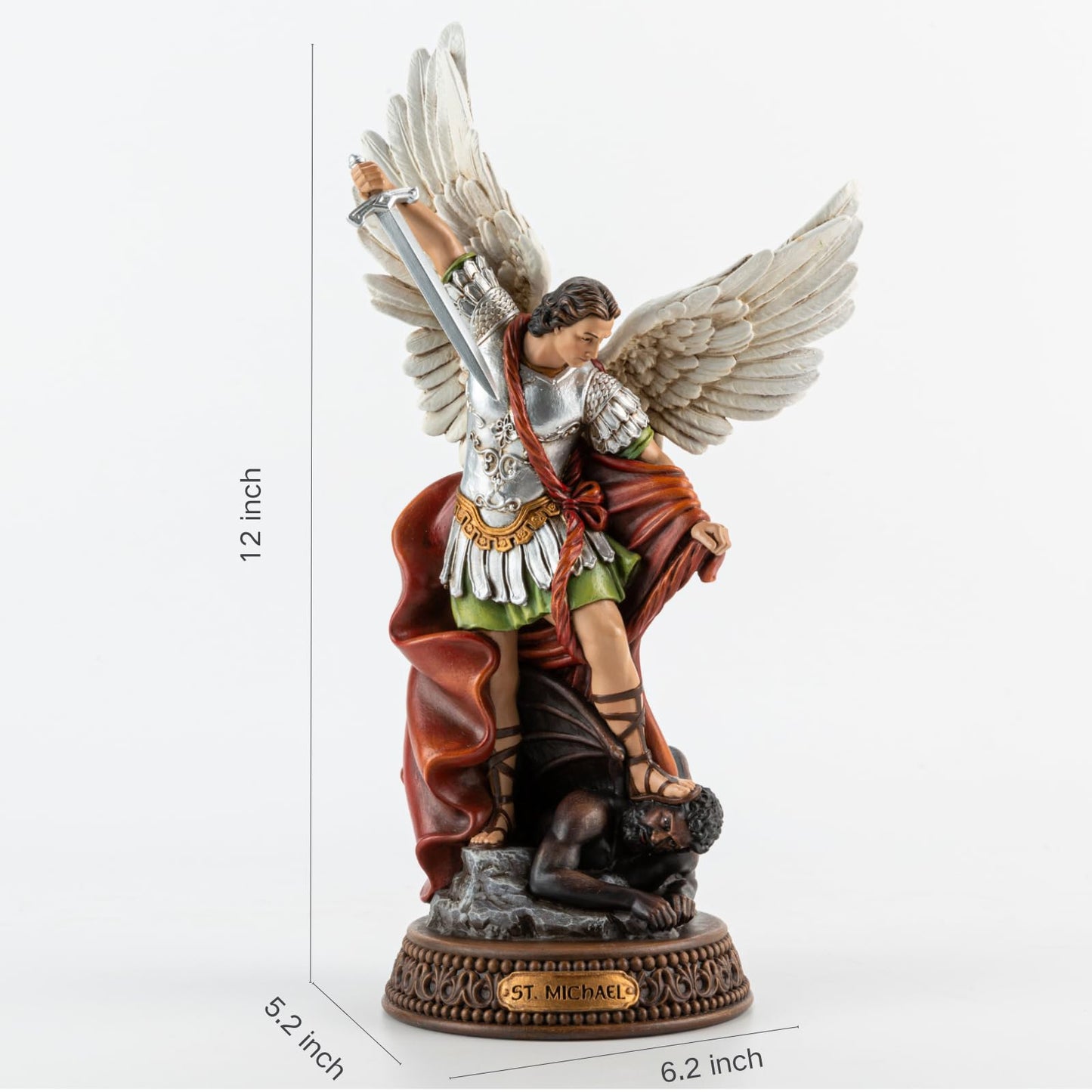 DevotedWalls St Michael The Archangel Painted in Full Color,12" H San Miguel The Great Protector Archangel Statue with Wings,St. Archangel Michael Defecting with Satan on Base with Name Plate