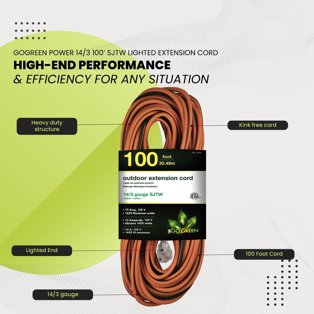 Go Green Power Inc. 14/3 100ft Lighted Outdoor Extension Cord - Durable, Heavy Duty - Perfect for Outdoor Tools & Equipment - GG-13800