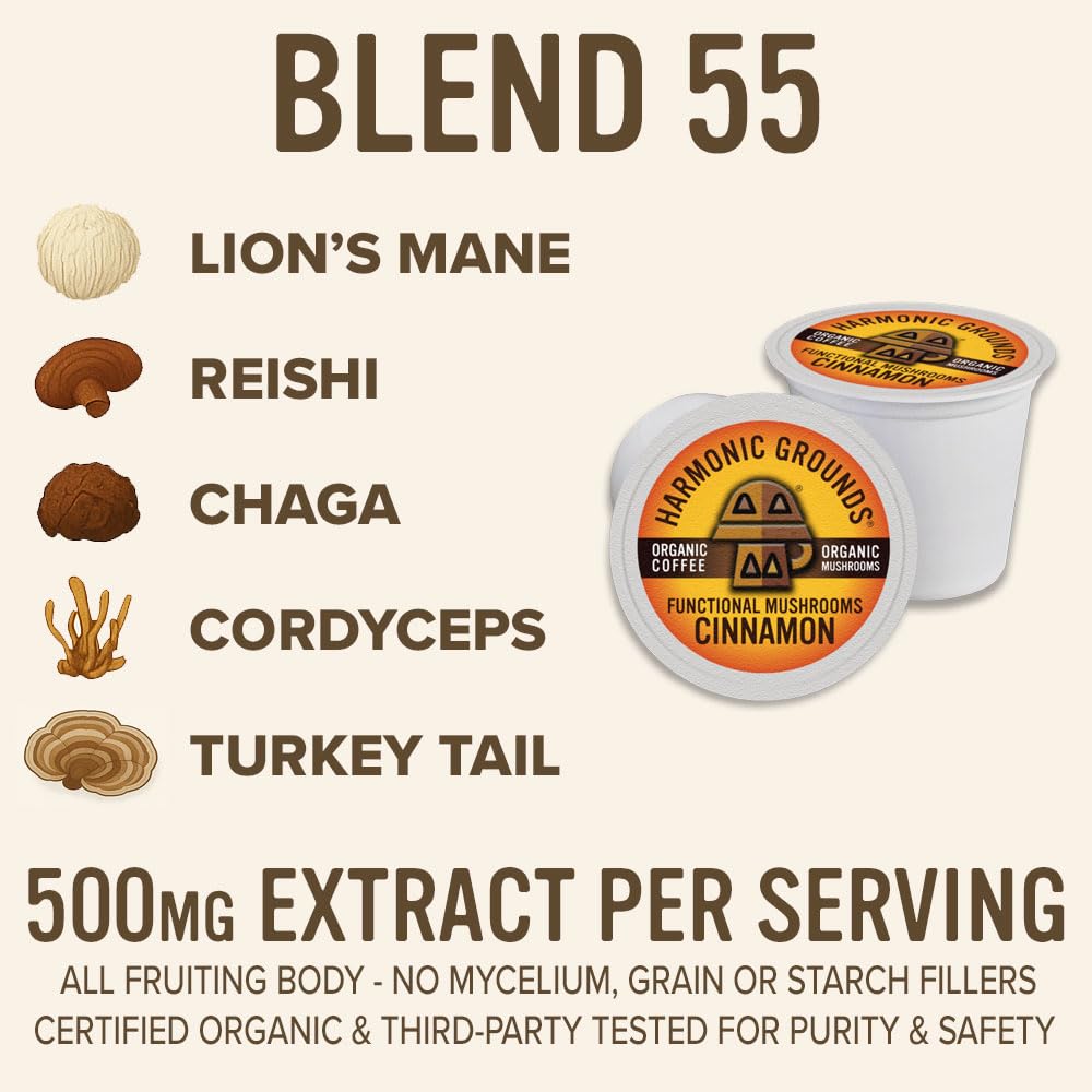 Harmonic Grounds Organic Mushroom Coffee Pods - Cinnamon Flavored Medium Roast with Lion's Mane, Reishi, Chaga, Cordyceps & Turkey Tail - Compatible with Keurig K-Cup Brewers - 34 Count