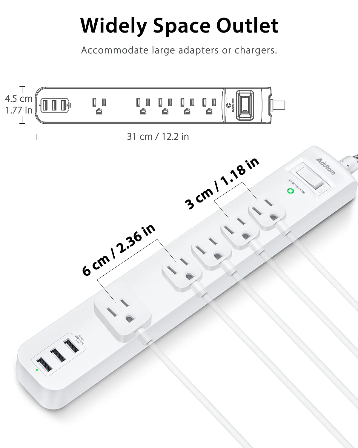 Surge Protector Power Strip - 10 FT Long Extension Cord with 5 Widely AC Outlets 3 USB Ports, Flat Plug with Overload Surge Protection for Home, Office, Dorm Essentials (2 Pack)